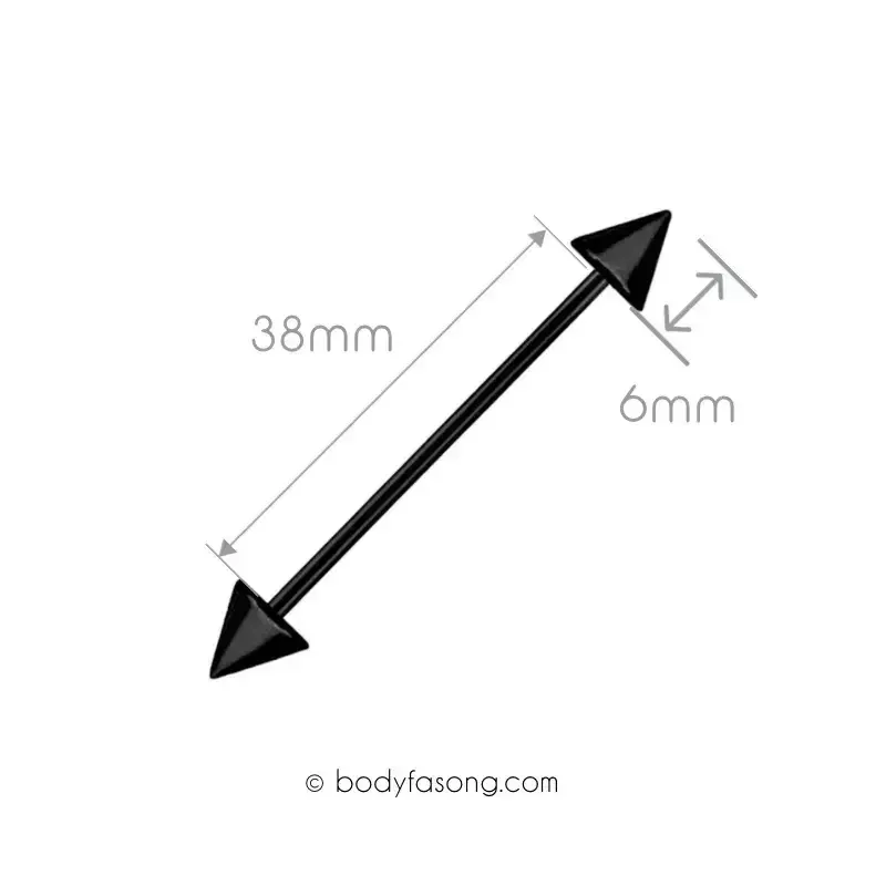 14G 醫療鋼工業環 黑色錐款，長38mm錐直徑6mm。