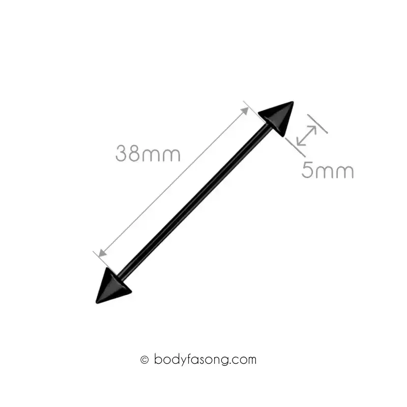 14G 醫療鋼工業環 黑色錐款，長38mm錐直徑5mm。