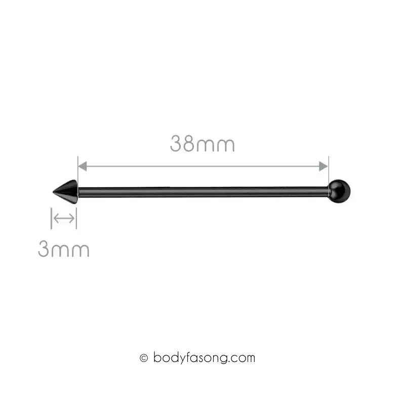14G 醫療鋼工業環 黑色圓錐款，長38mm鋼珠/錐直徑3mm。