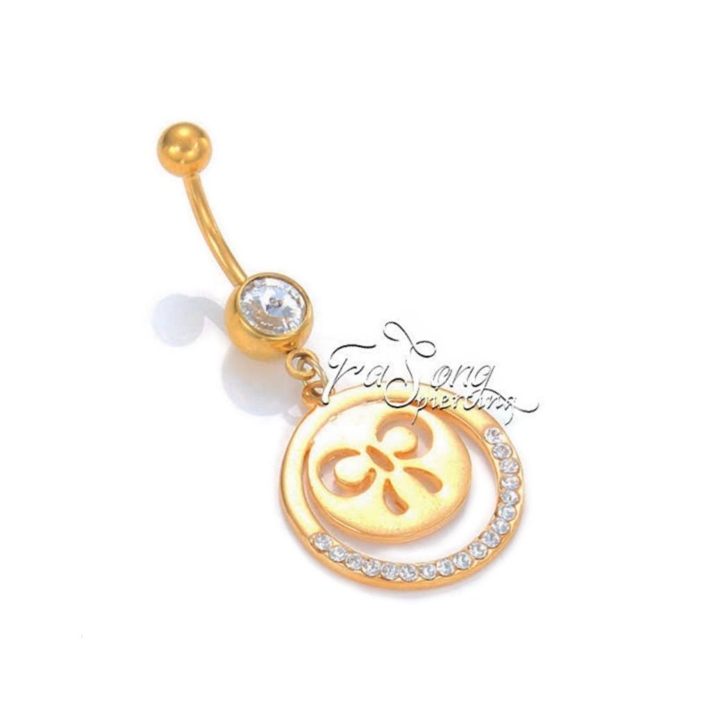 肚臍環 金色蝴蝶結水鑽滾邊圓飾