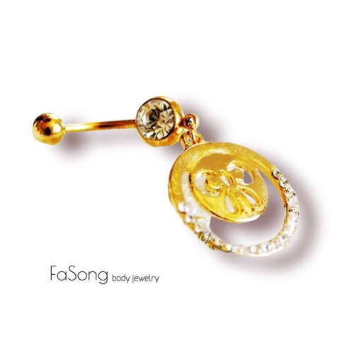 肚臍環 金色蝴蝶結水鑽滾邊圓飾