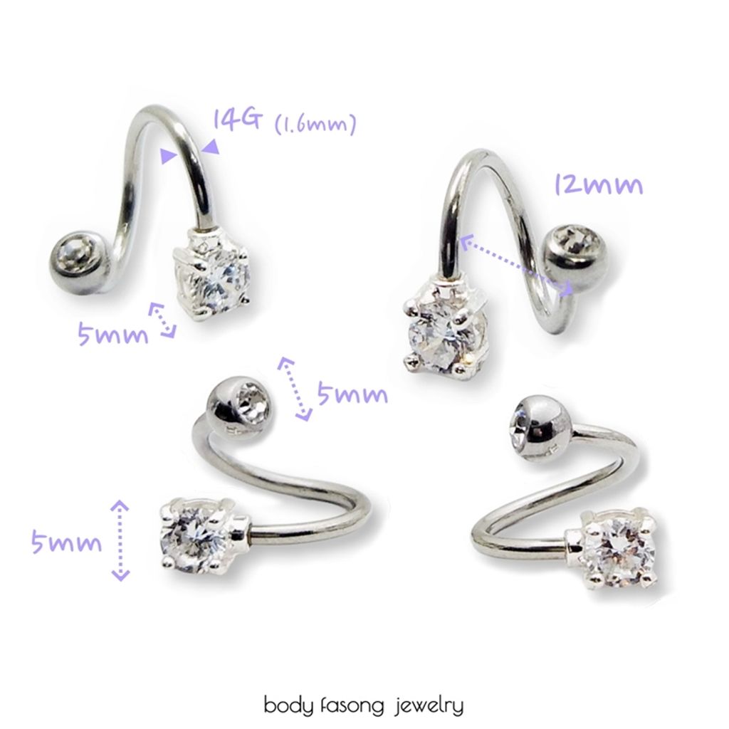 螺旋爪鑲圓形水晶 肚臍環-尺寸