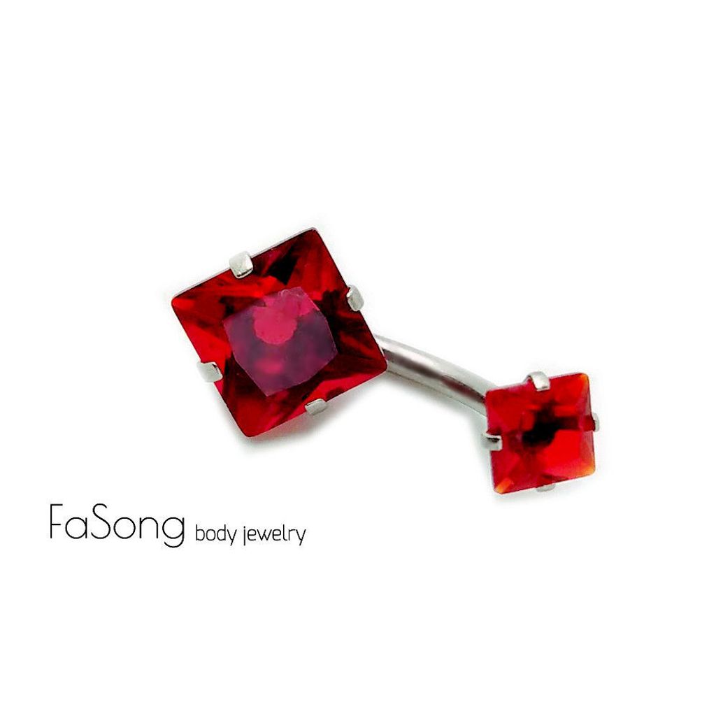 肚臍環-爪鑲方形雙鋯-紅