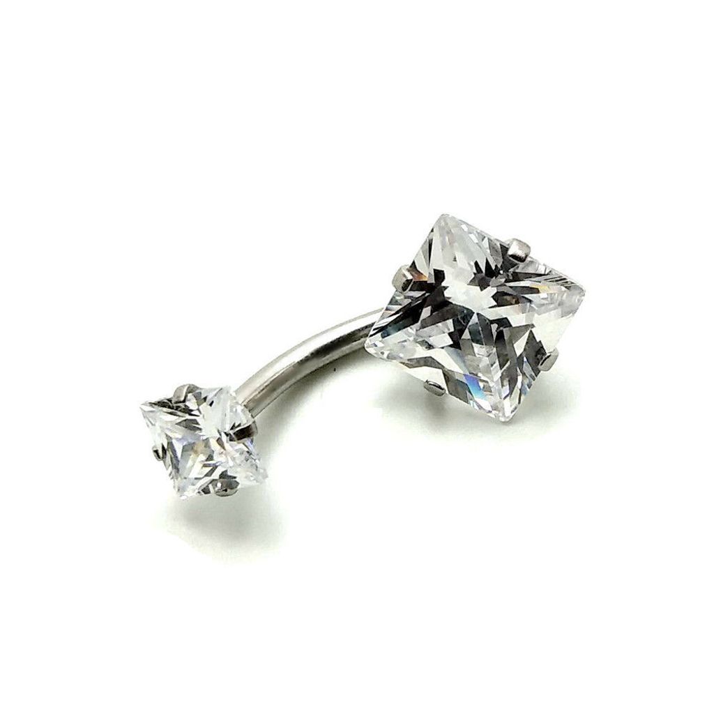 肚臍環-爪鑲方形雙鋯-白