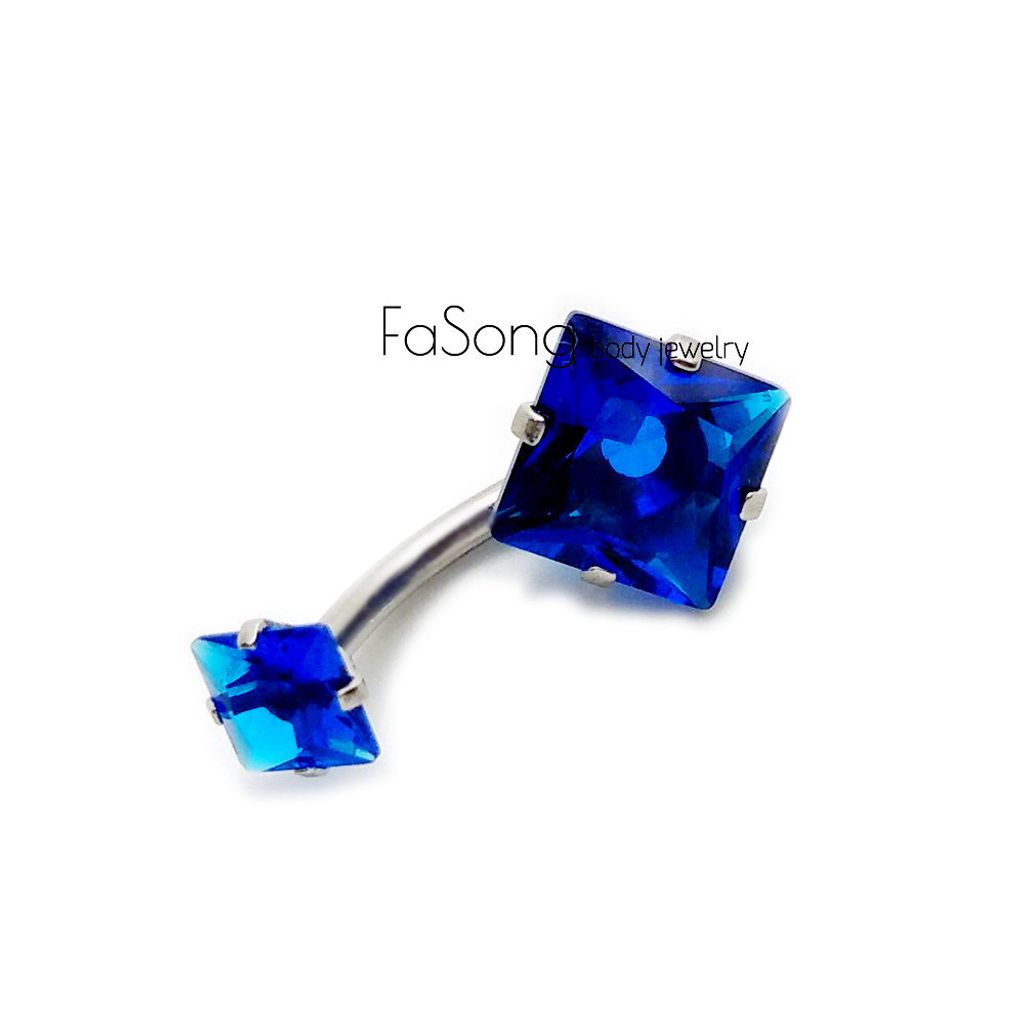 肚臍環-爪鑲方形雙鋯-藍