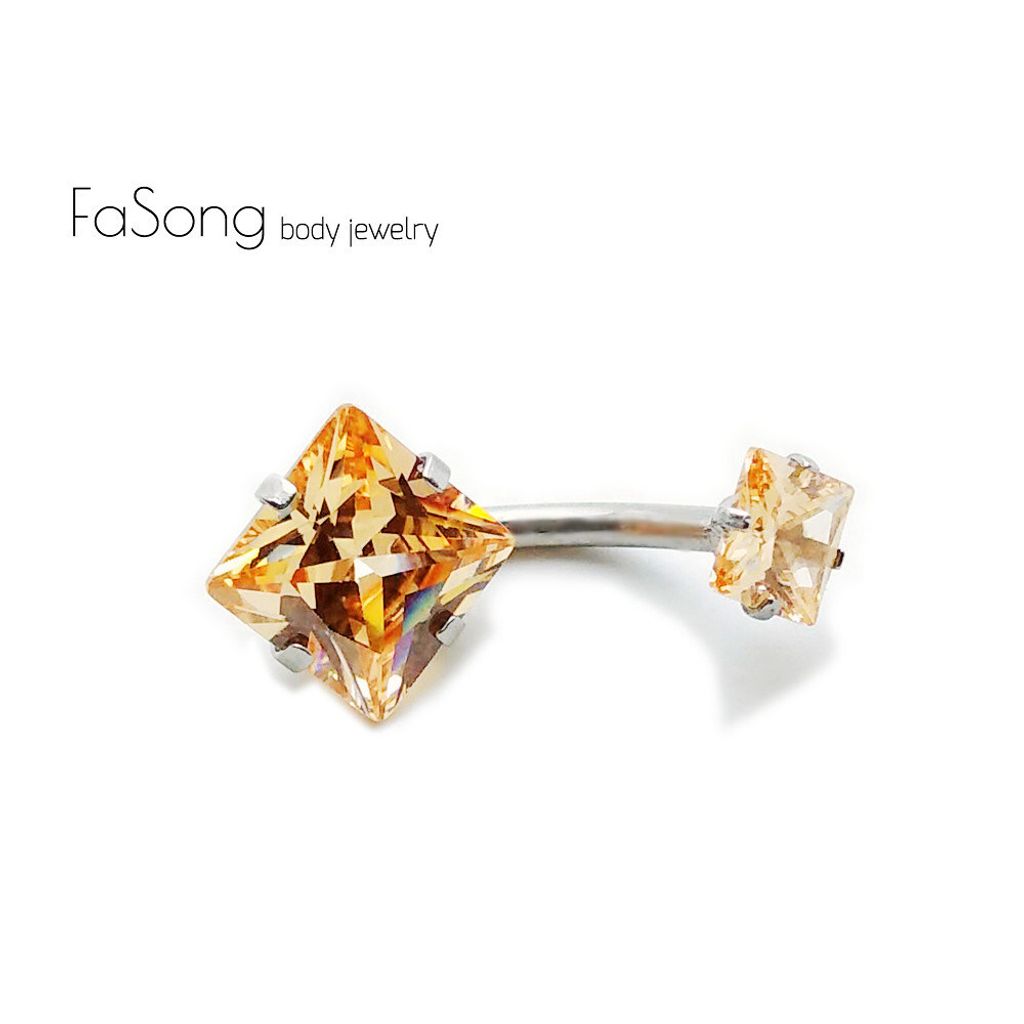 肚臍環-爪鑲方形雙鋯-琥珀色