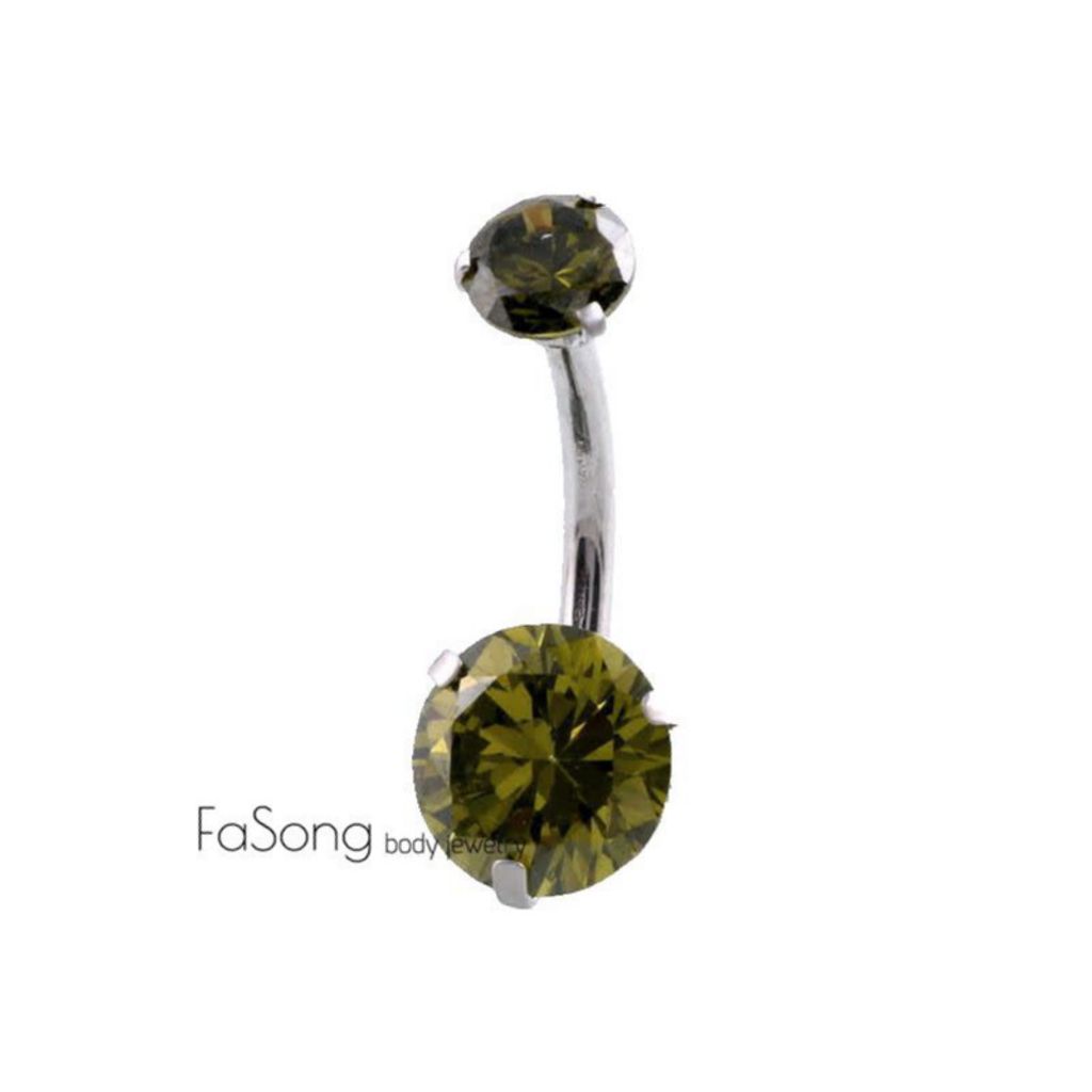 肚臍環-爪鑲圓形雙鋯-橄欖綠