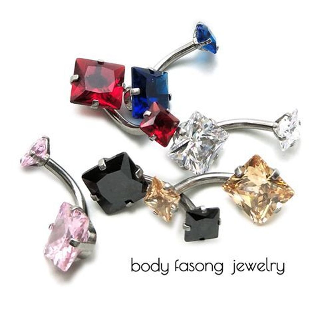 爪鑲方形雙鋯-肚臍環