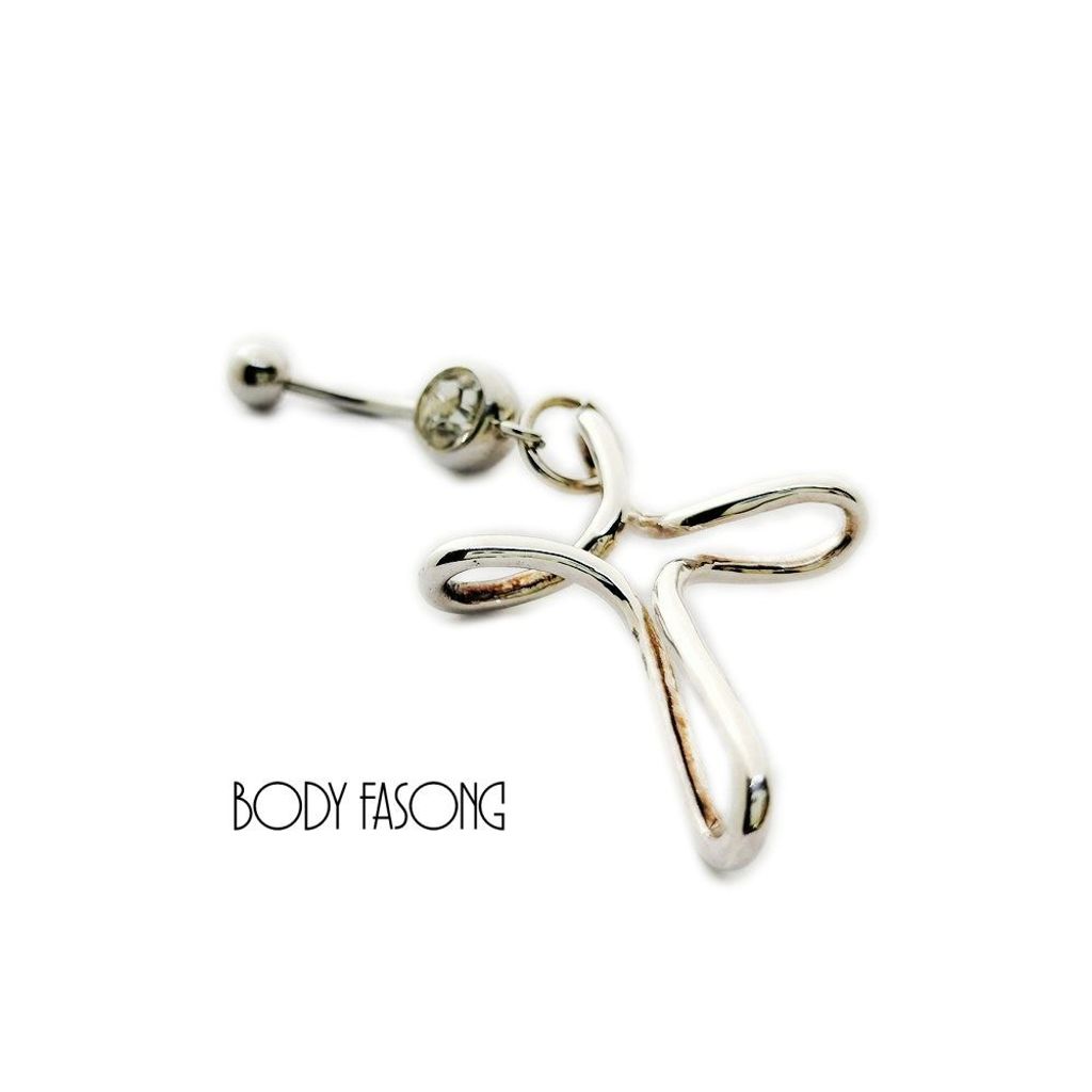 曲線純銀十字架肚臍環