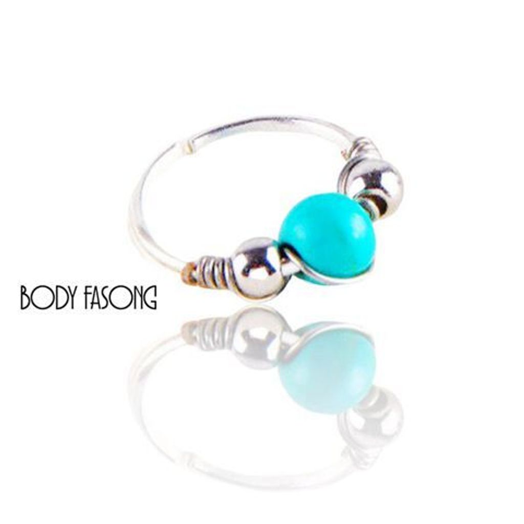 可當側鼻環、鼻中環、夾式唇環、假鼻環的波希米亞綠松石開口環_銀色