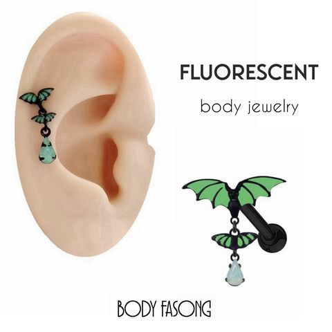 會發光的 螢光綠蝙蝠耳骨環