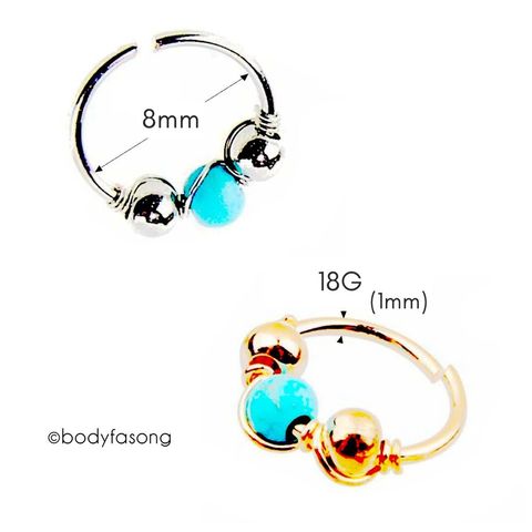 可當側鼻環、鼻中環、夾式唇環、假鼻環的波希米亞綠松石開口環-尺寸