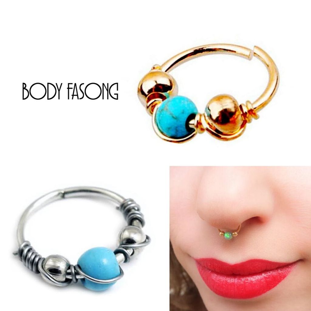 可當側鼻環、鼻中環、夾式唇環、假鼻環的波希米亞綠松石開口環