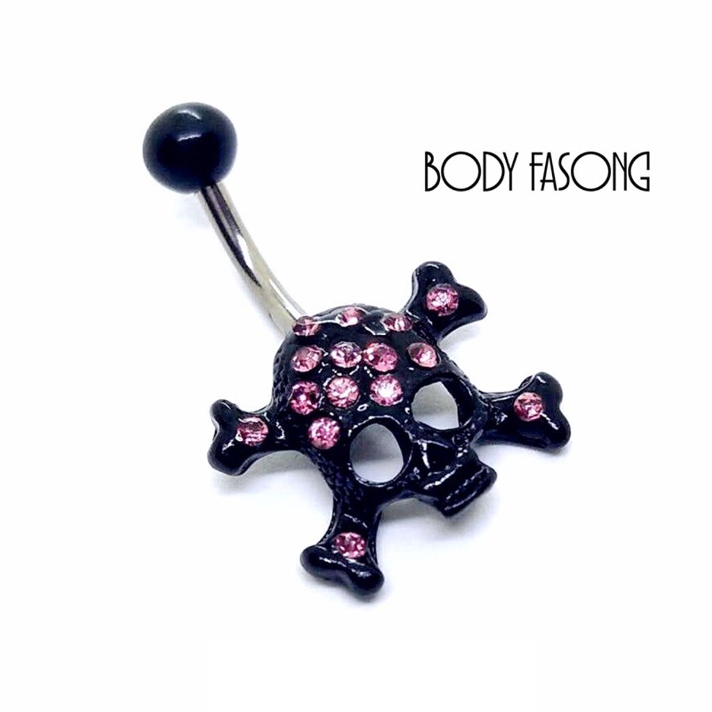 黑色粉鑽骷髏頭 肚臍環