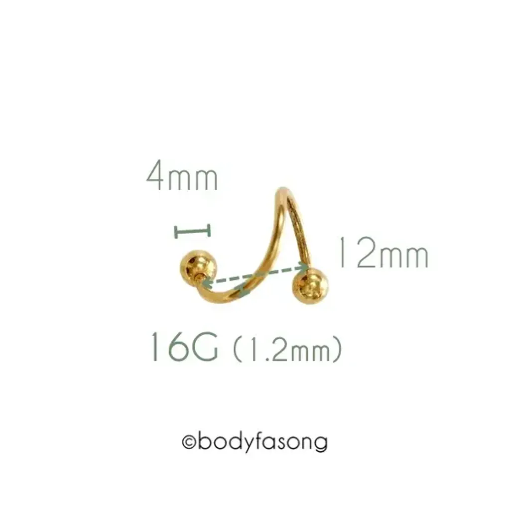16G金色螺旋槓鈴-內徑12mm鋼珠4mm