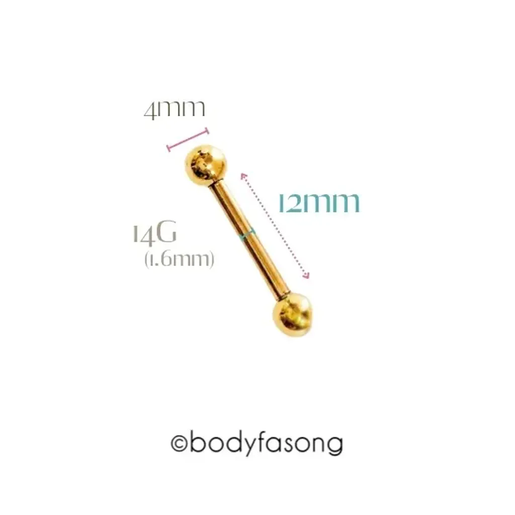 14G金色鋼珠款直槓鈴-長12mm鋼珠4mm