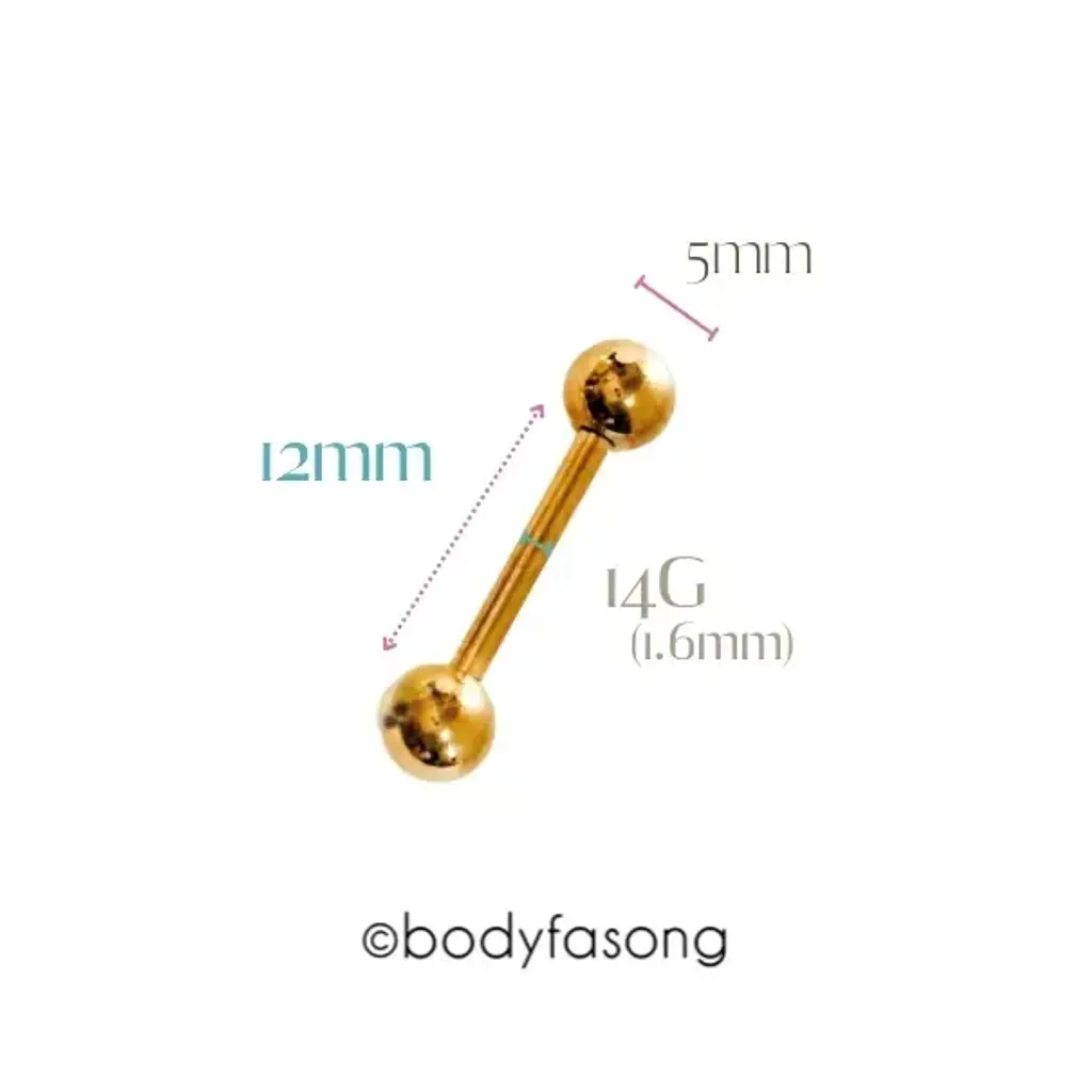 14G金色鋼珠款直槓鈴-長12mm鋼珠5mm