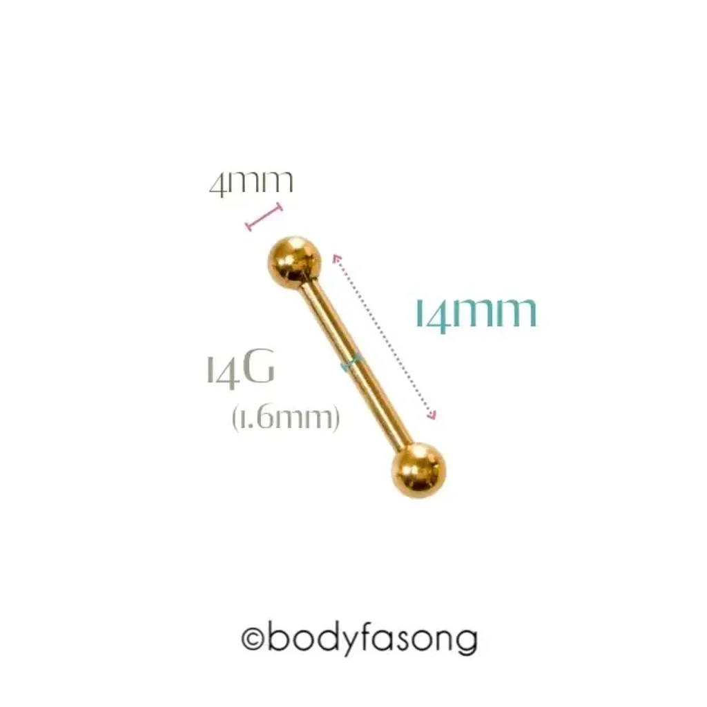 14G金色鋼珠款直槓鈴-長14mm鋼珠4mm