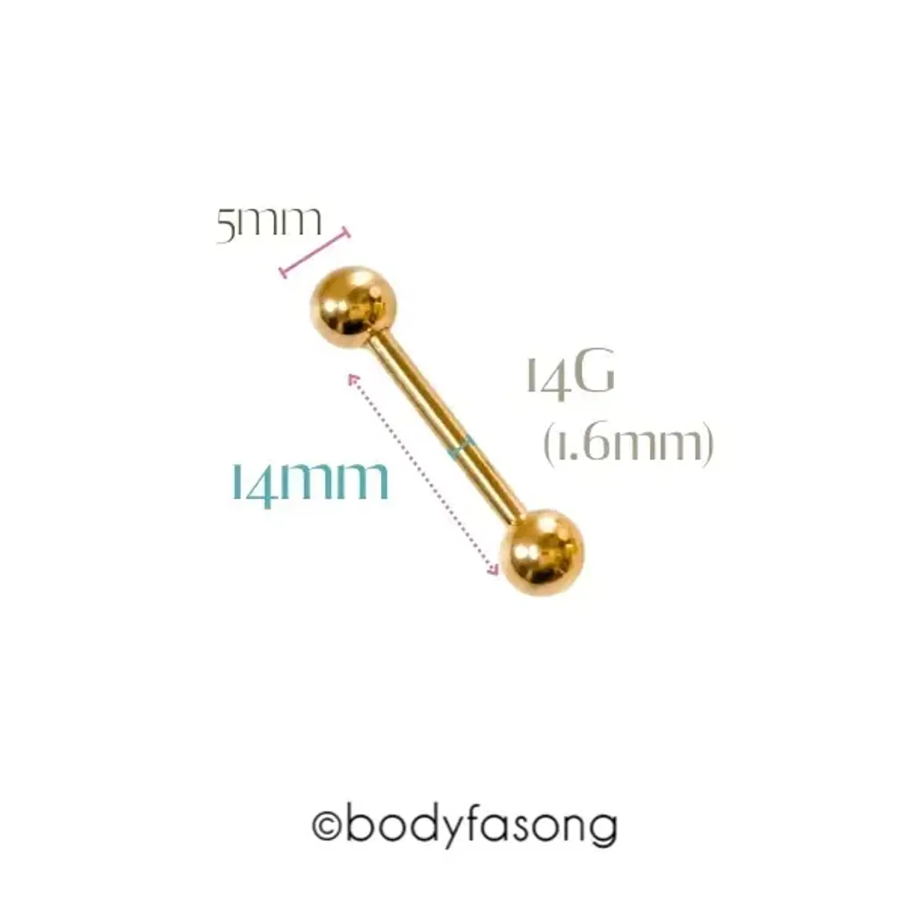 14G金色鋼珠款直槓鈴-長14mm鋼珠5mm