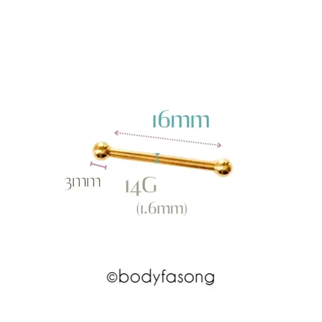 14G金色鋼珠款直槓鈴-長16mm鋼珠3mm
