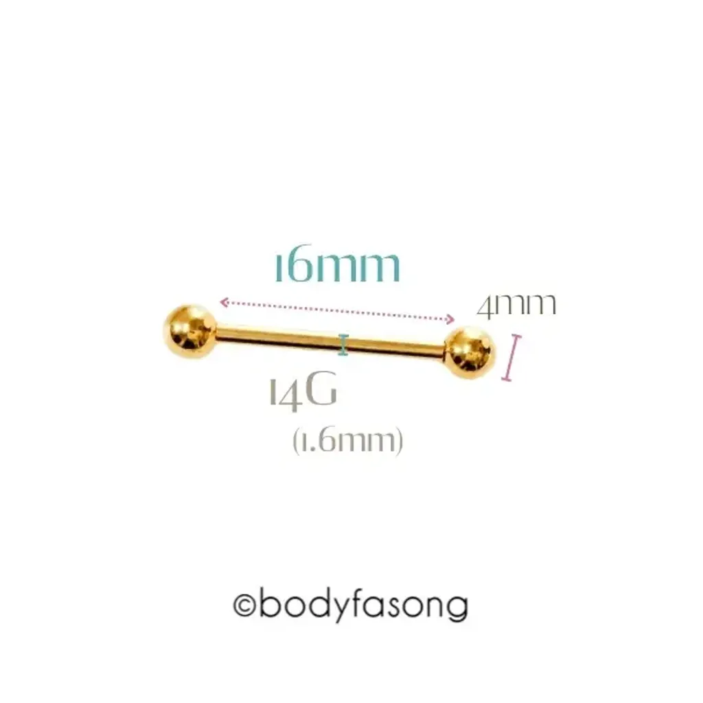 14G金色鋼珠款直槓鈴-長16mm鋼珠4mm