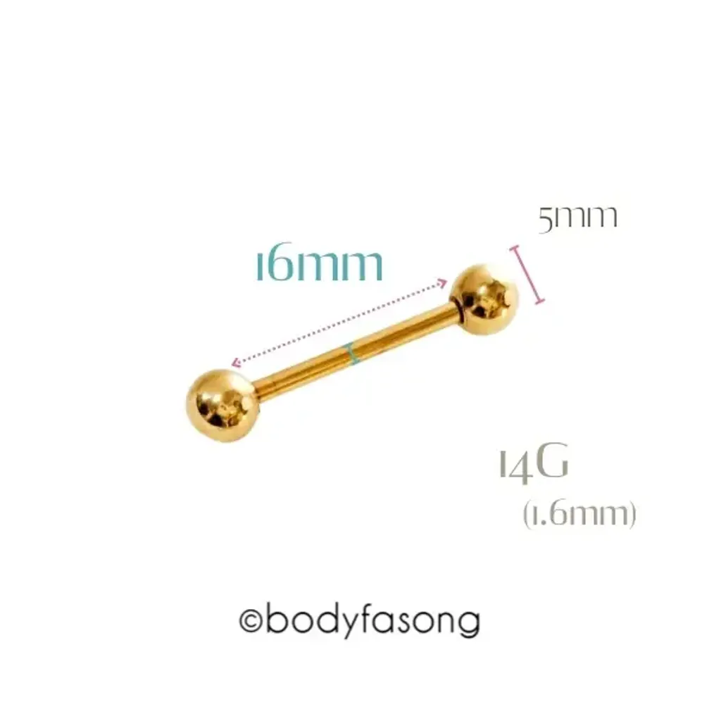 14G金色鋼珠款直槓鈴-長16mm鋼珠5mm