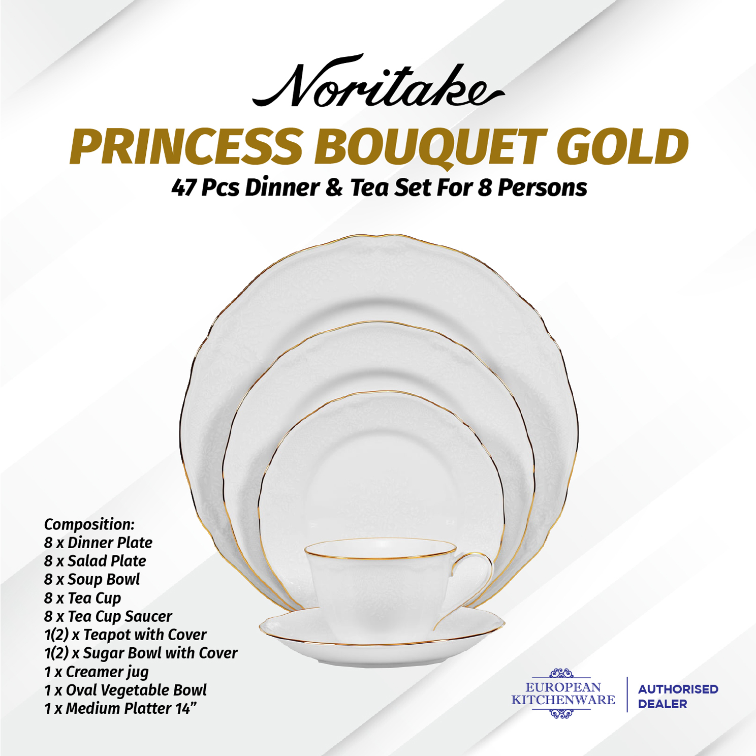 Noritake Princess Bouquet Gold 47 Pcs Dinner & Tea Set For 8 Persons –  European Kitchenware
