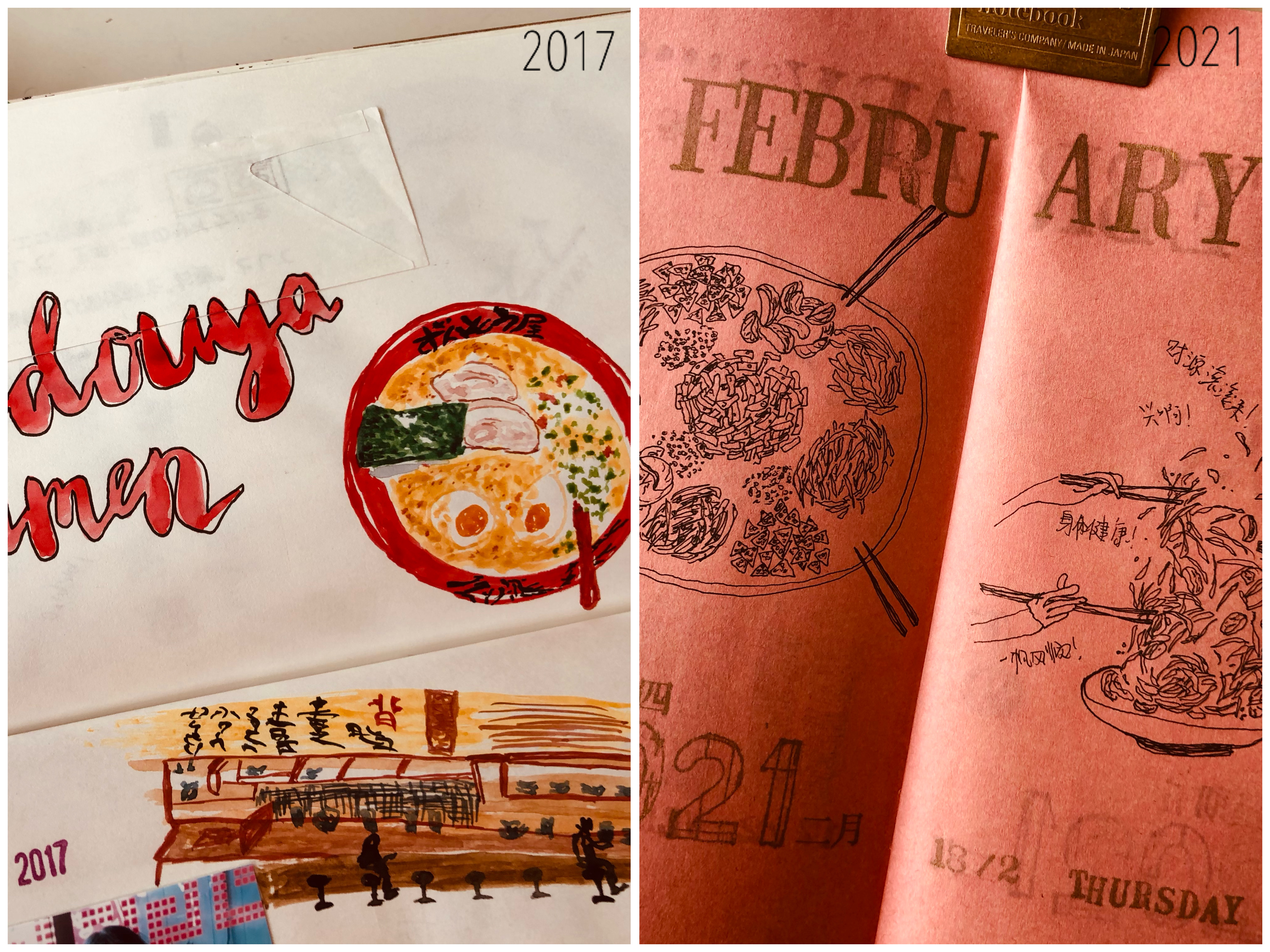 Left: 2017 Japan trip's watercolour drawing; Right: 2021 CNY food sketching 