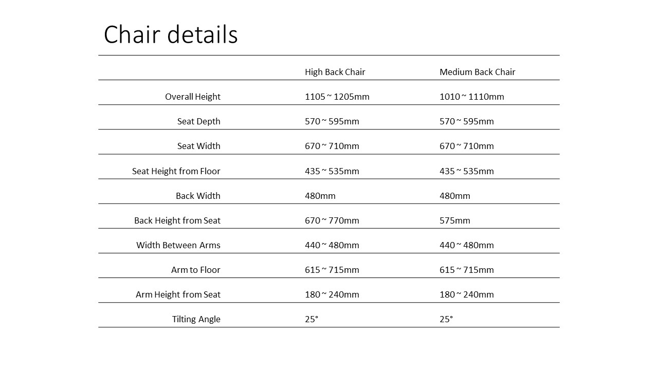 Mamba Ergonomic Chair Size Details