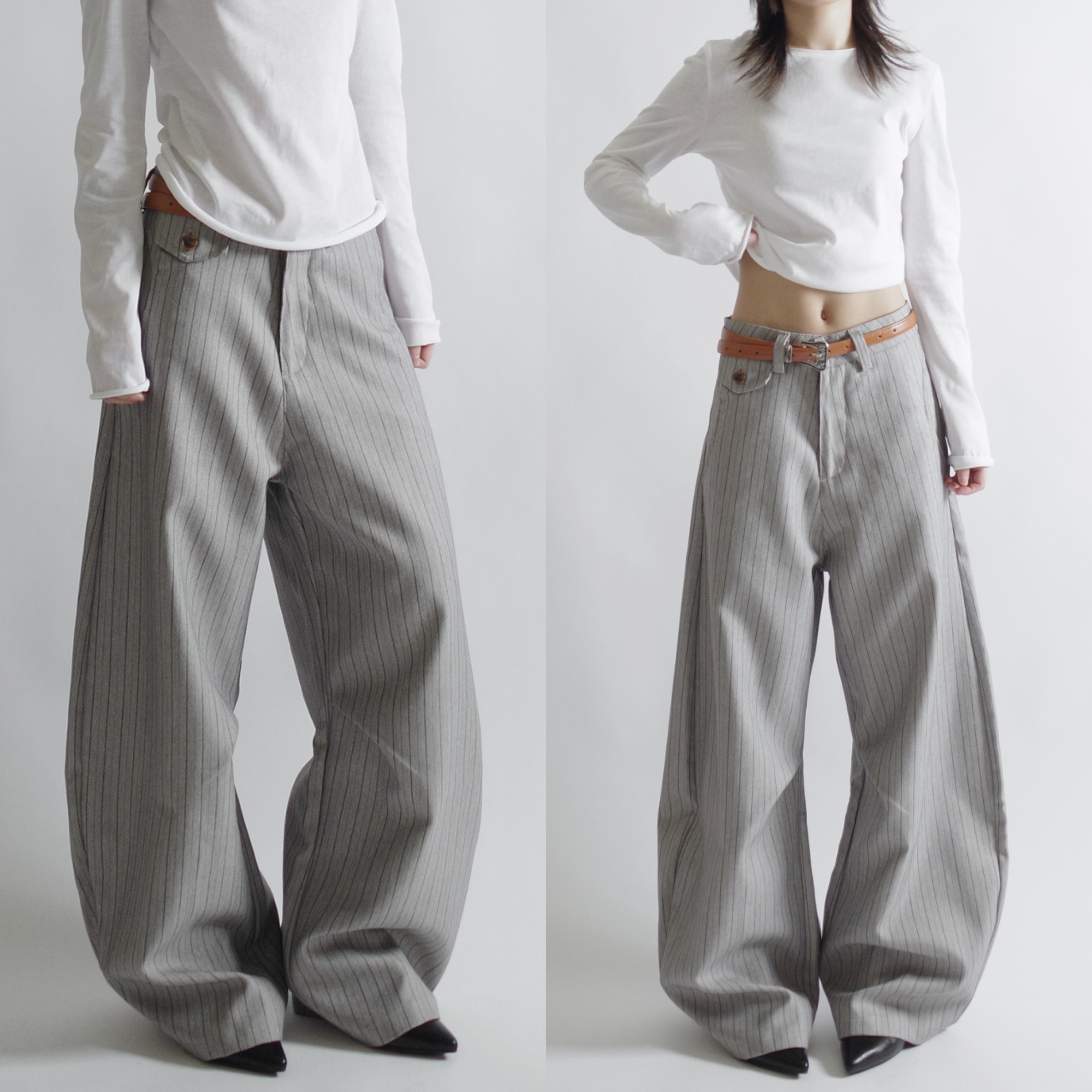 灰黑直紋褶皺西裝彎刀褲