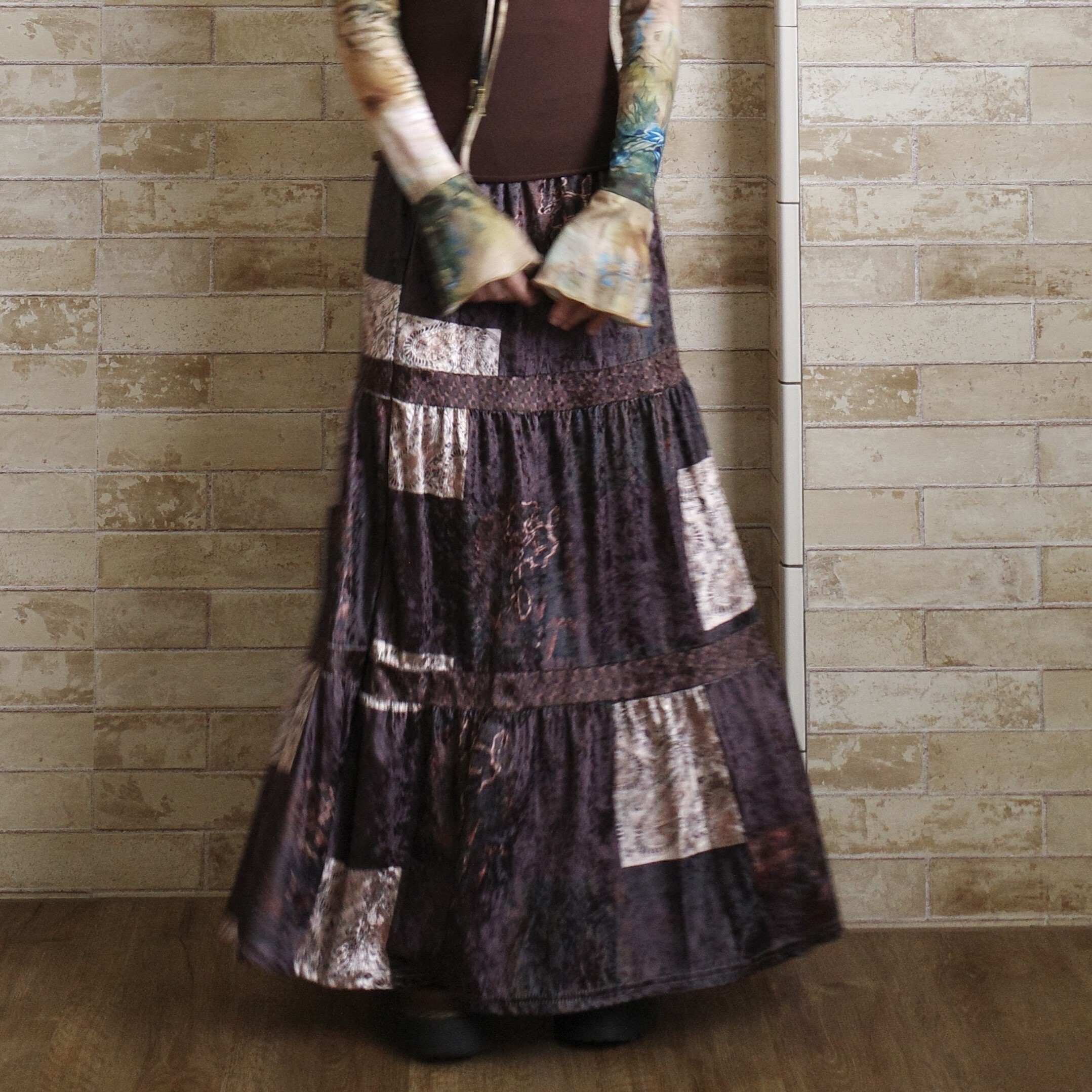 拼接圖騰絲絨長裙