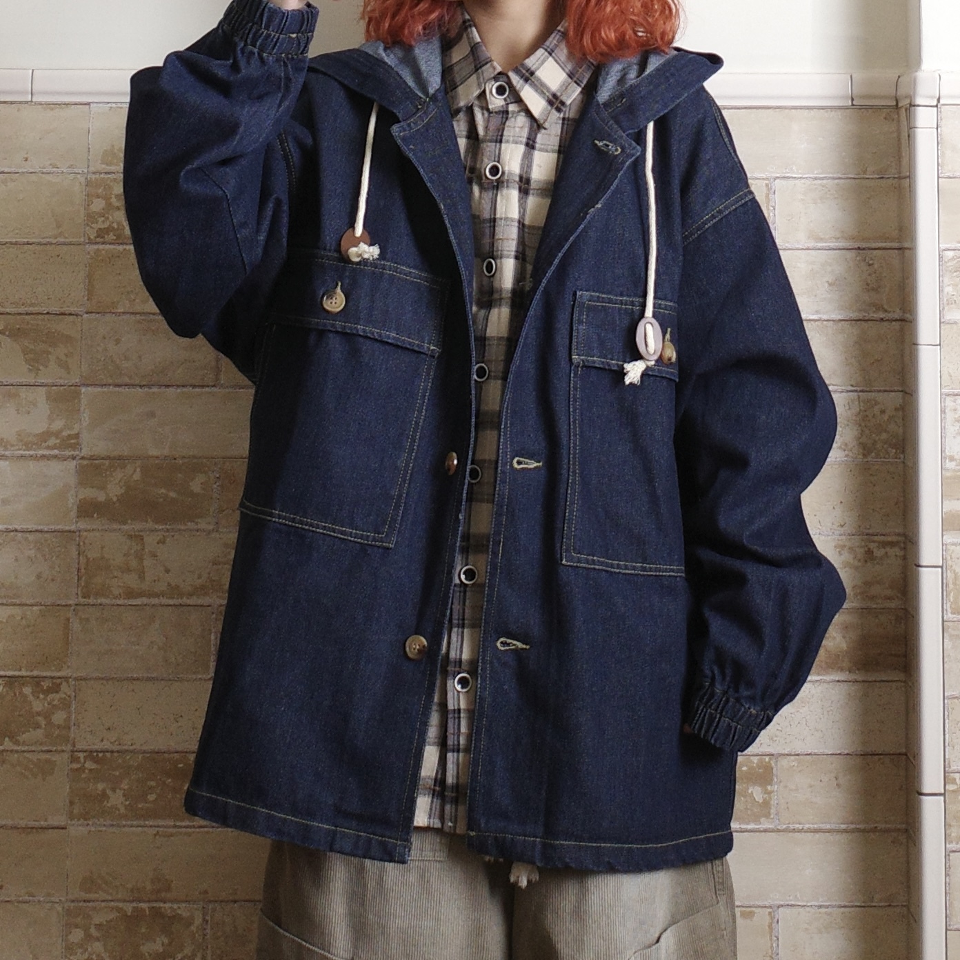 丹寧明線鈕扣帽踢