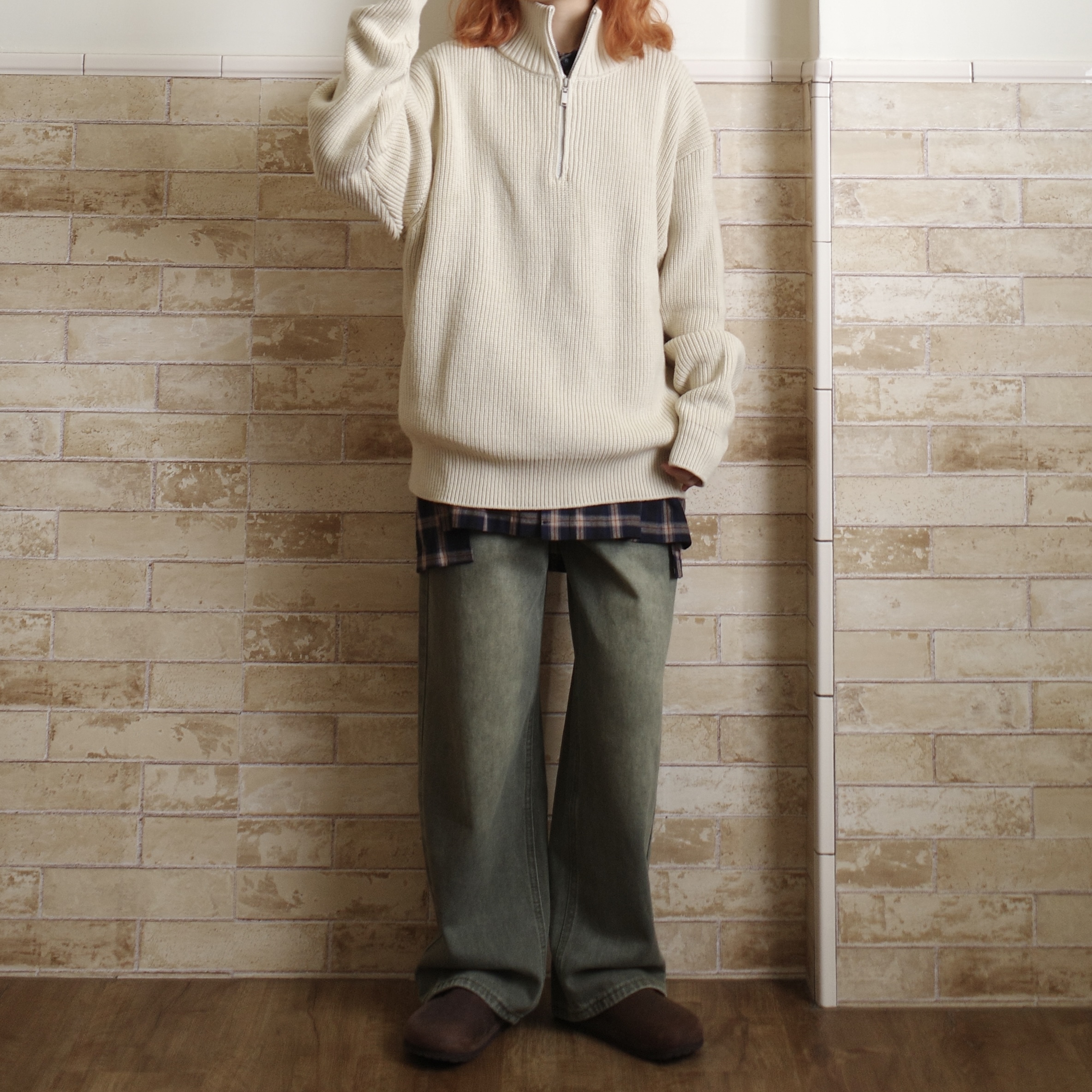 水洗復古綠直筒牛仔褲4