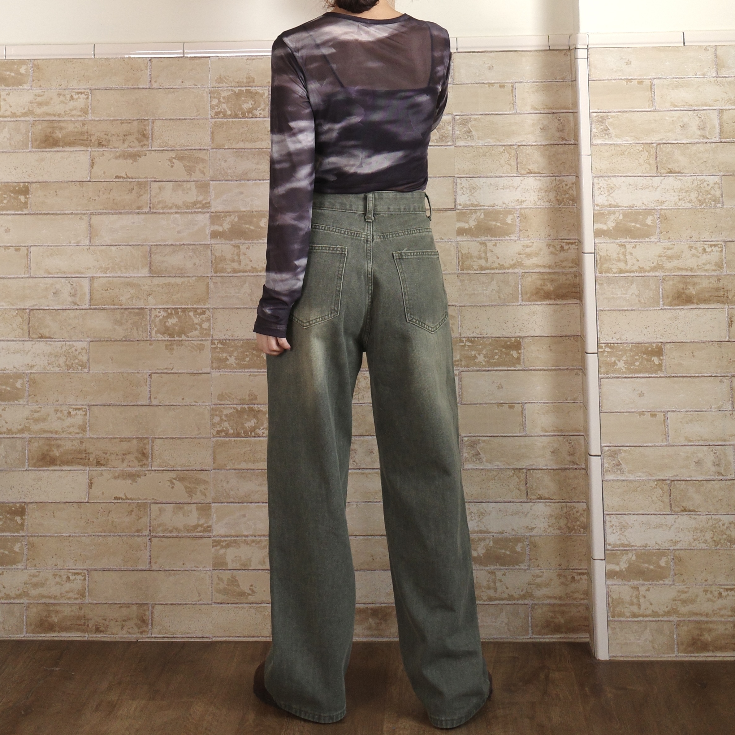 水洗復古綠直筒牛仔褲6