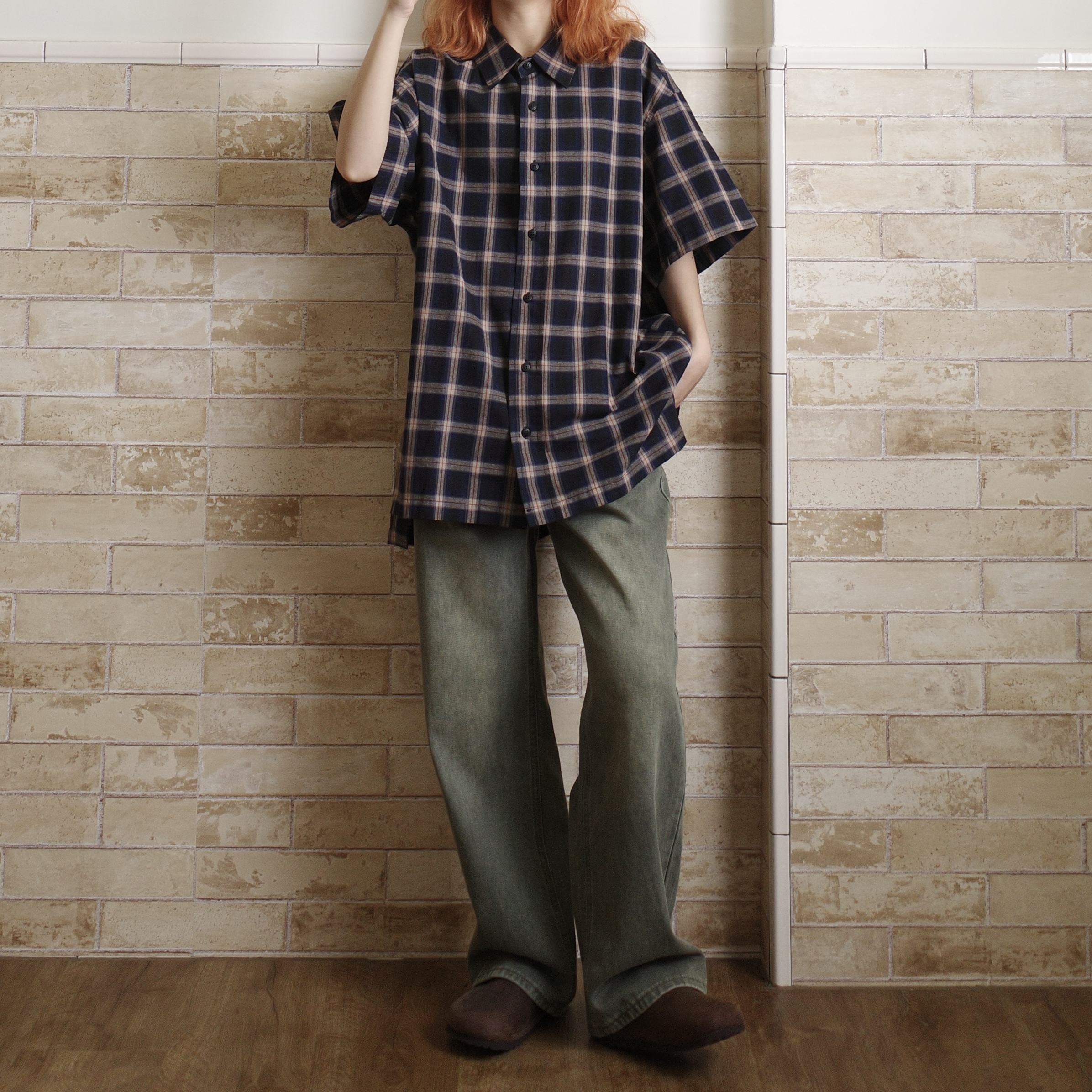 水洗復古綠直筒牛仔褲