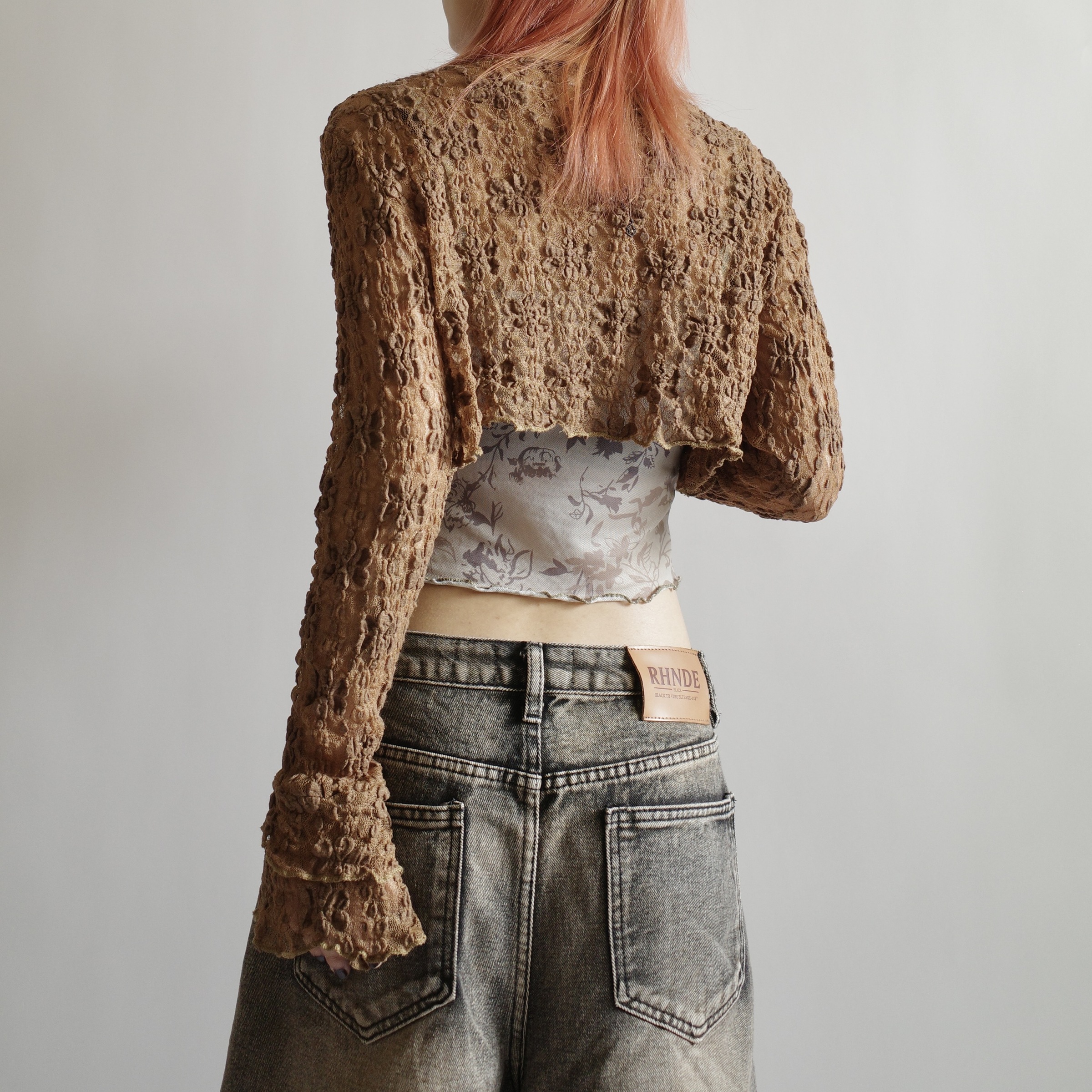 棕花瓣喇叭袖綁帶罩衫4