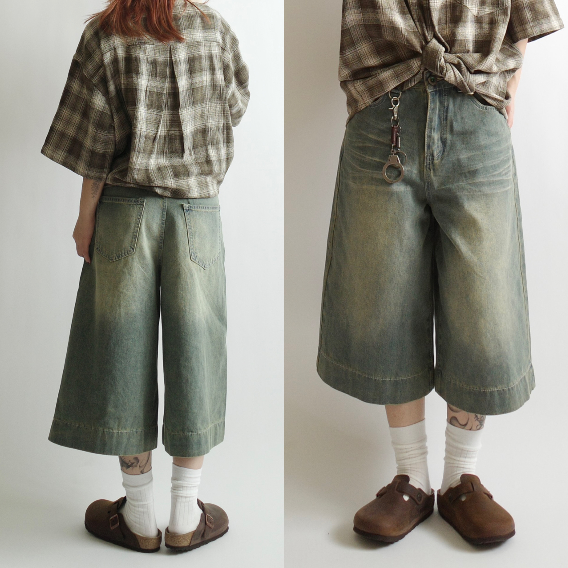 刷白淺藍牛仔七分短褲