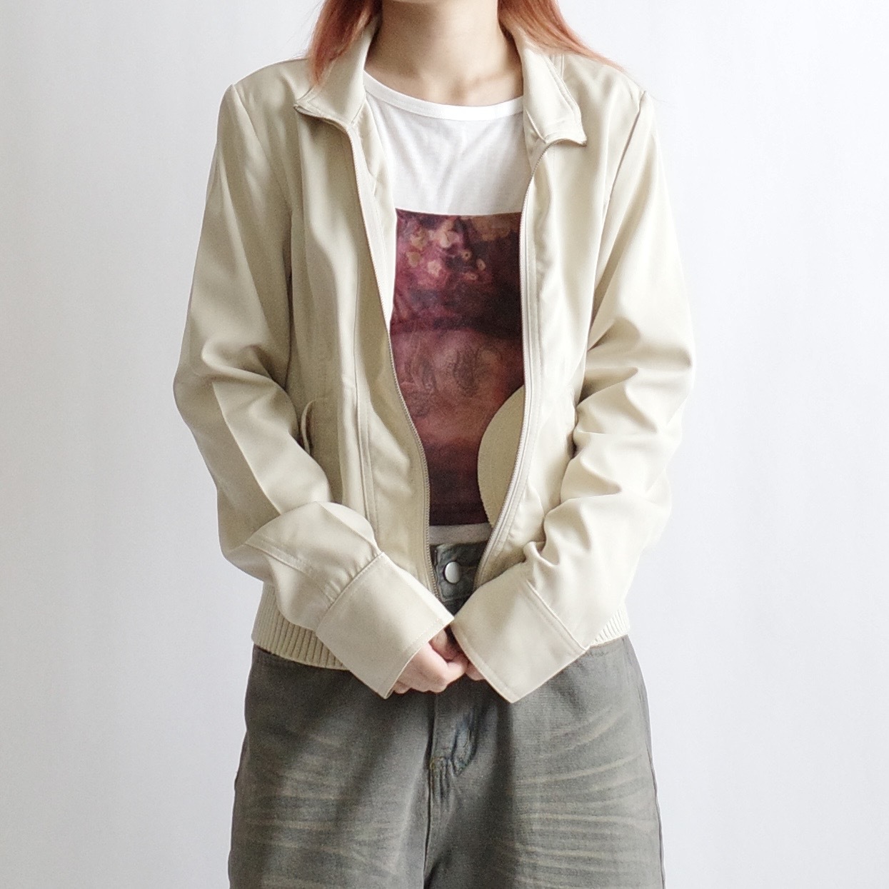 米白短版機車夾克