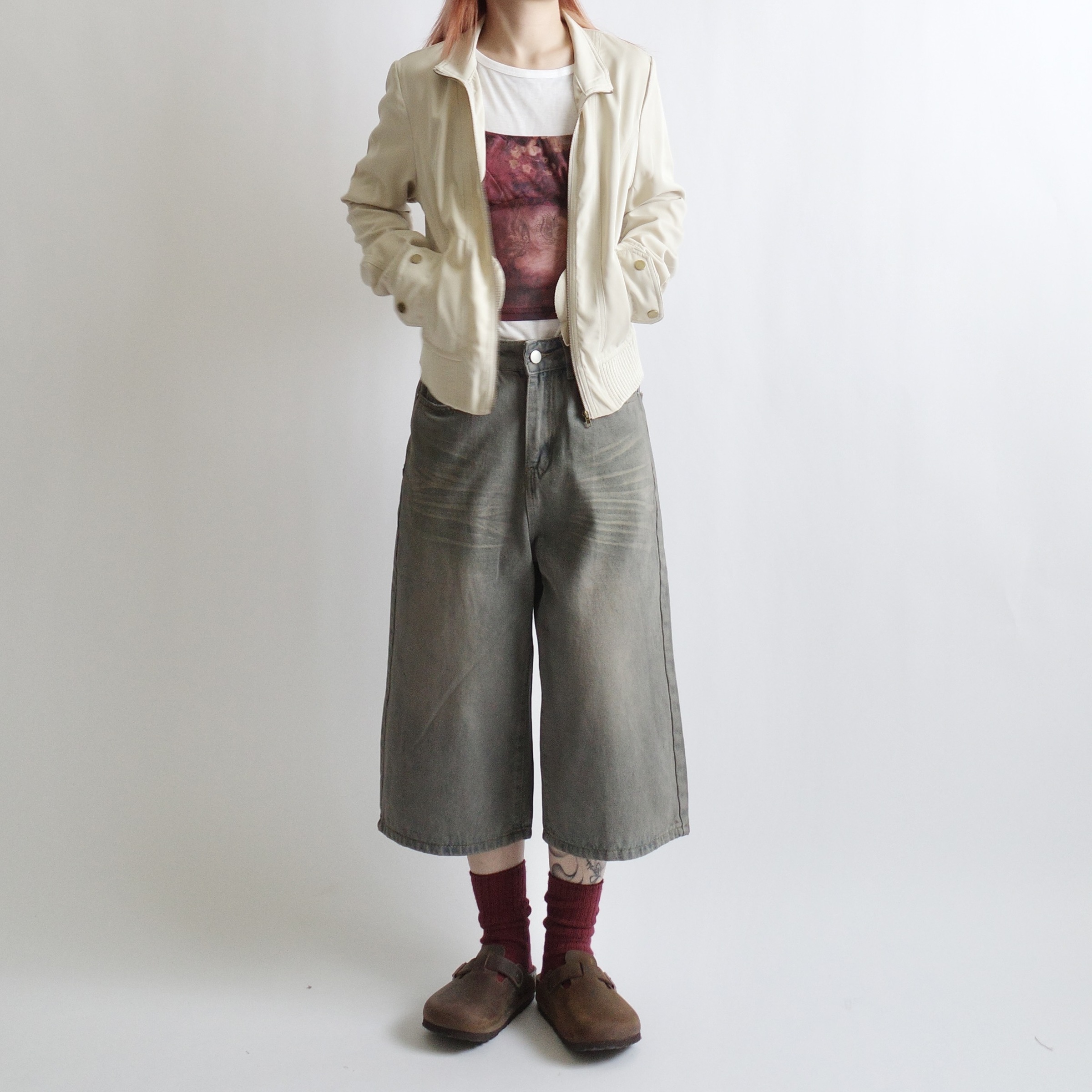 米白短版機車夾克1