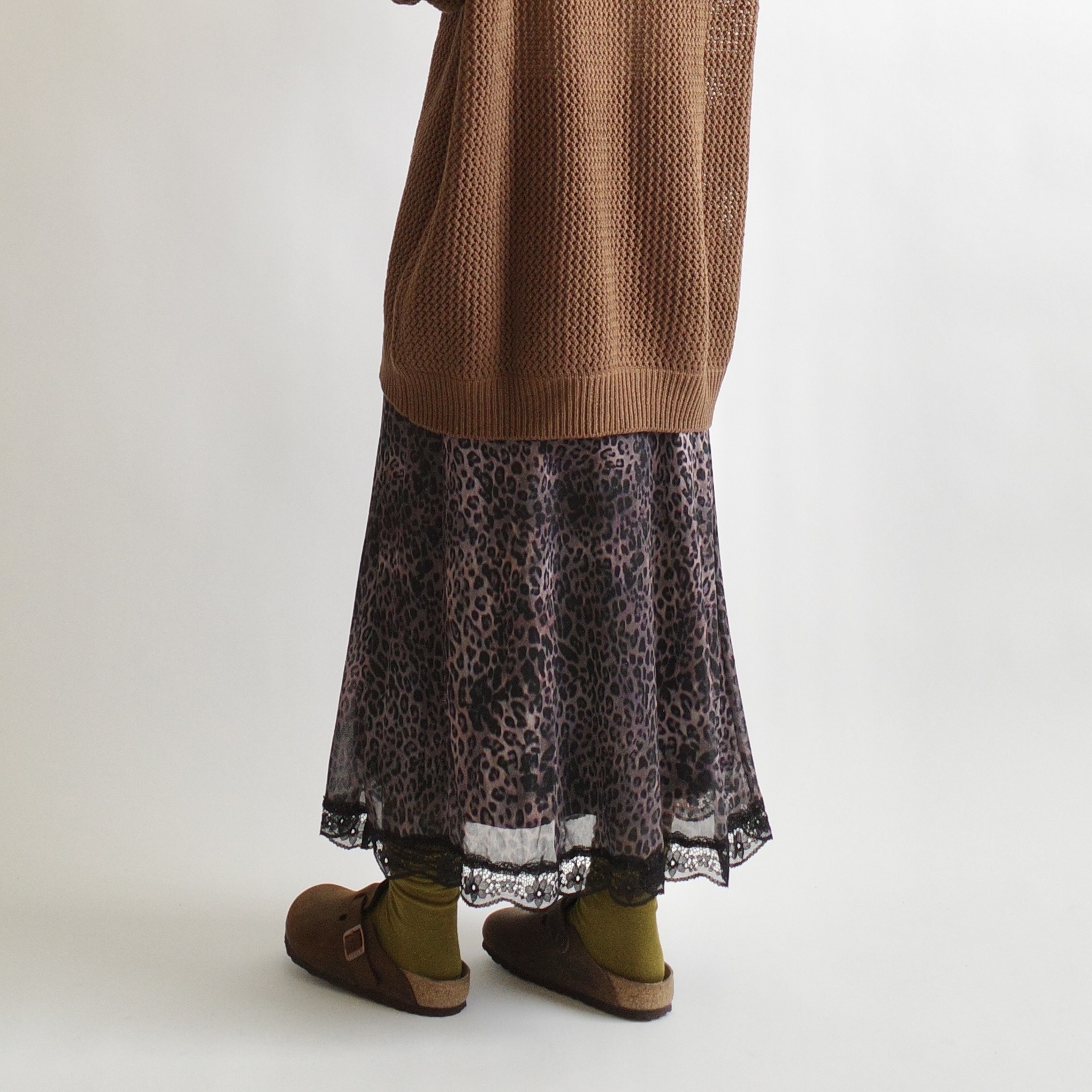 暗紫豹紋黑蕾絲花邊裙