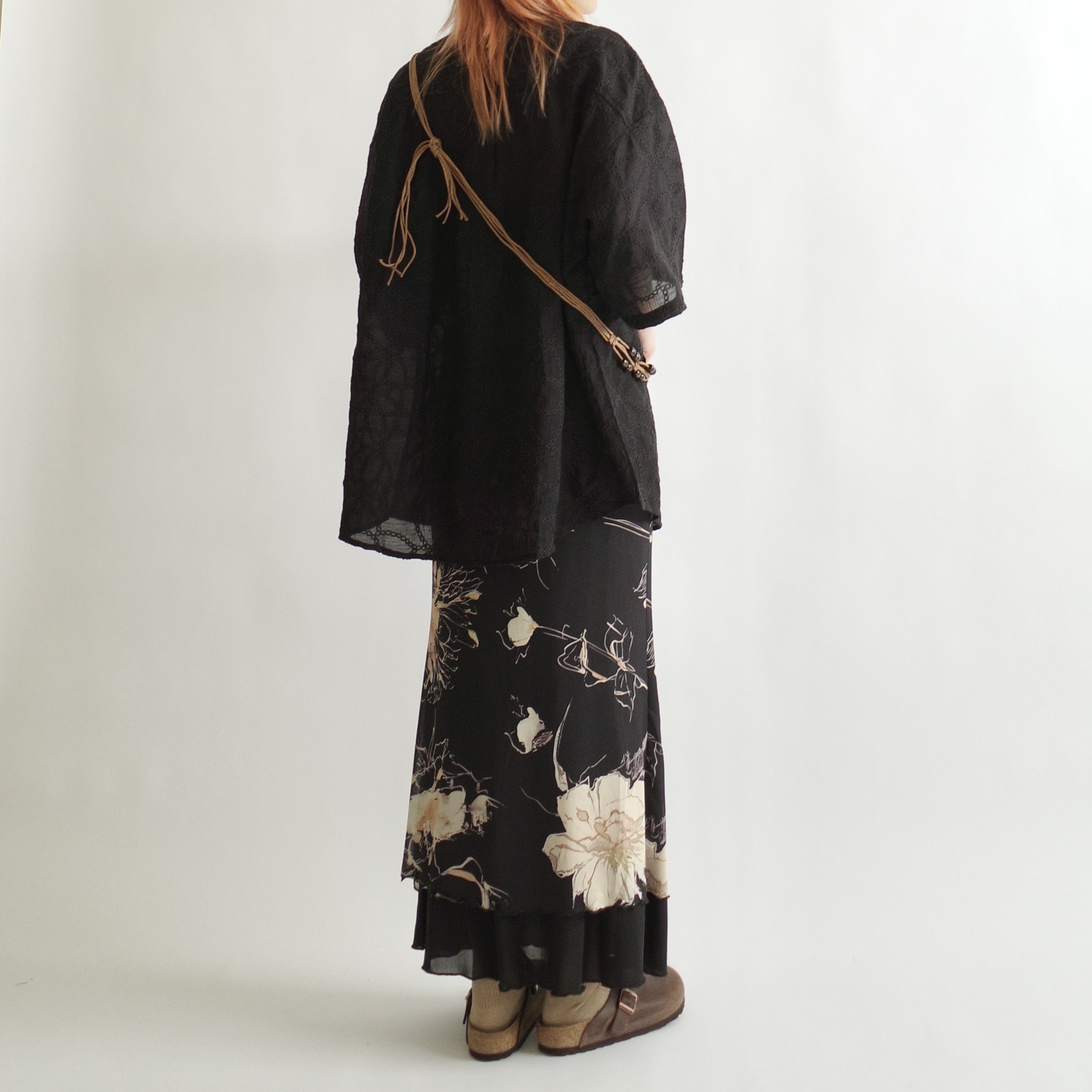 抽象花網紗黑長裙