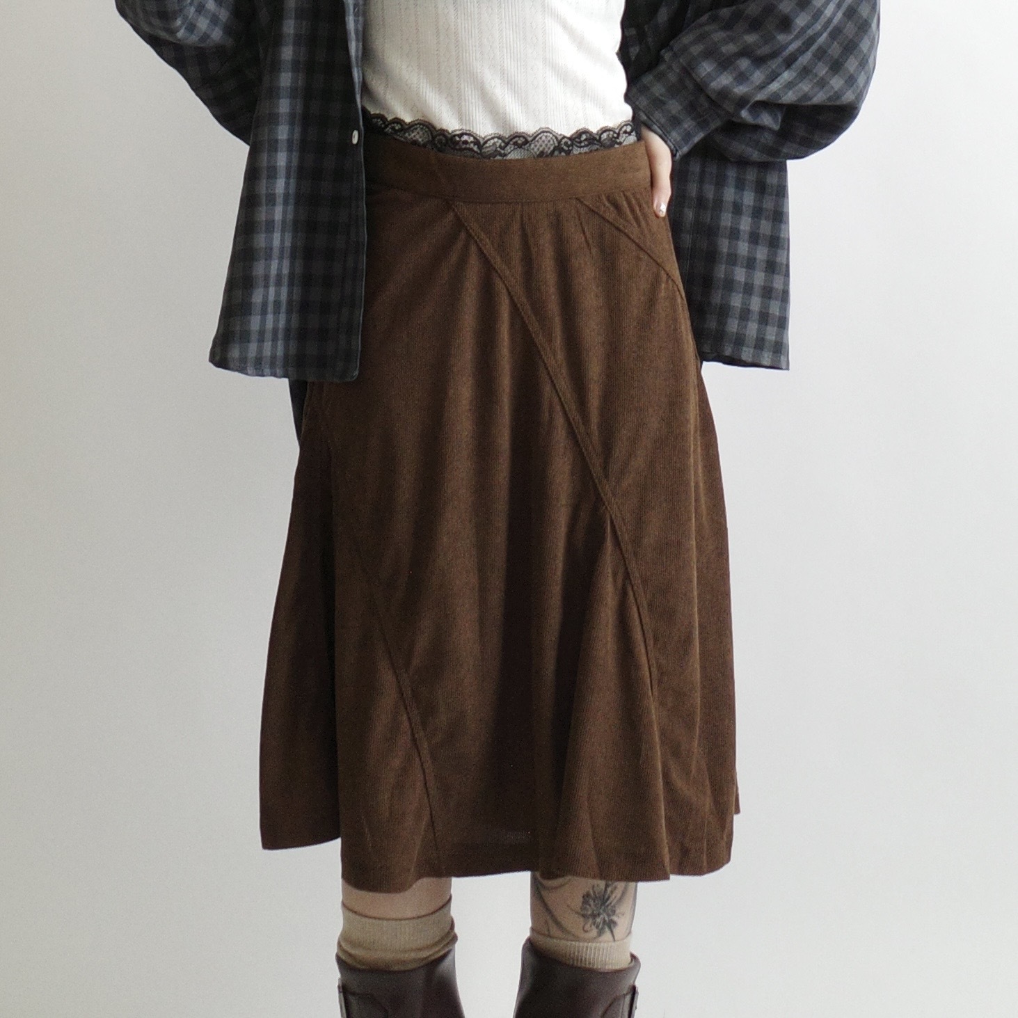 深咖燈芯絨蕾絲裙1