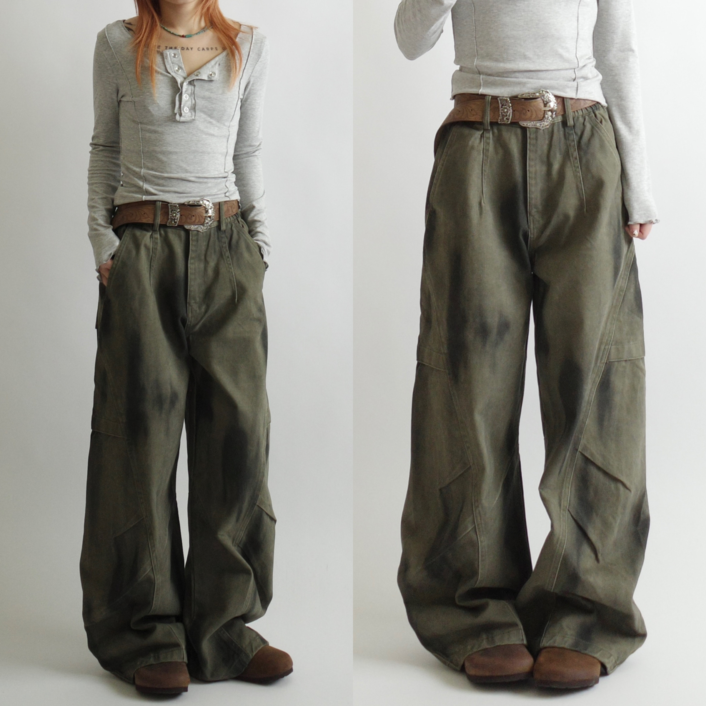 髒髒染褶皺寬褲