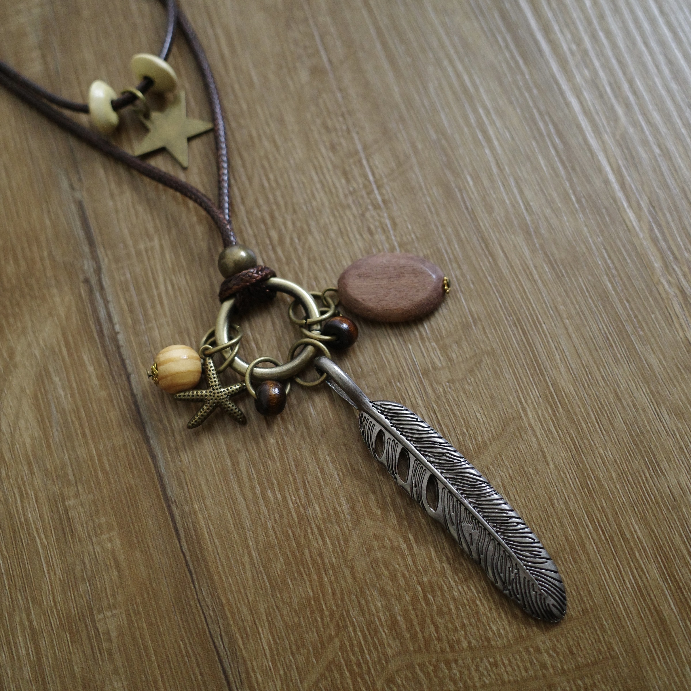 古銀羽毛蠟線長鏈