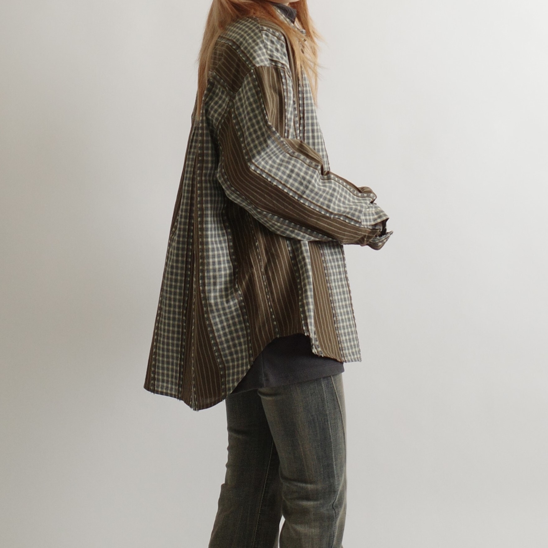 鬚邊拼布咖綠格紋長襯2