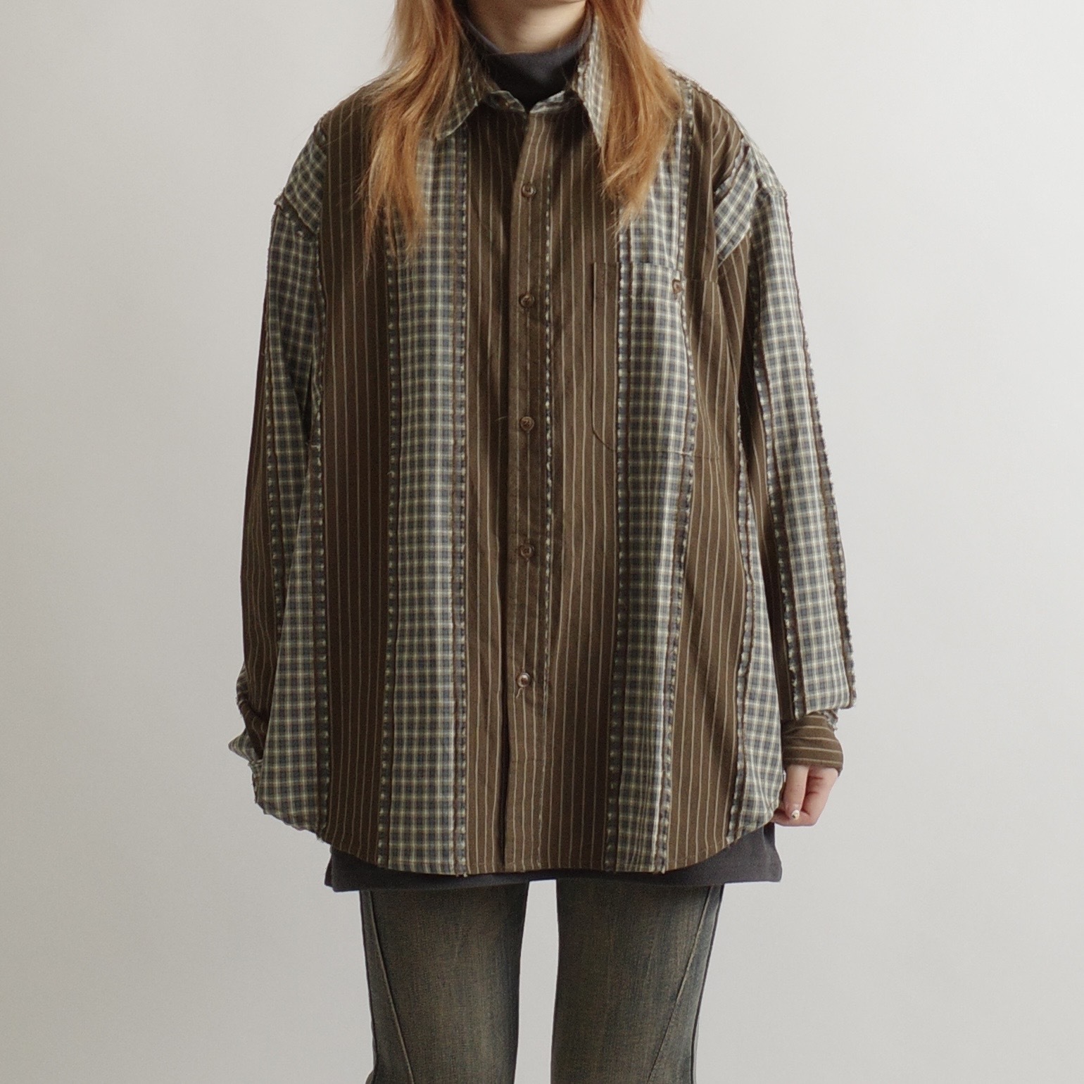 鬚邊拼布咖綠格紋長襯1