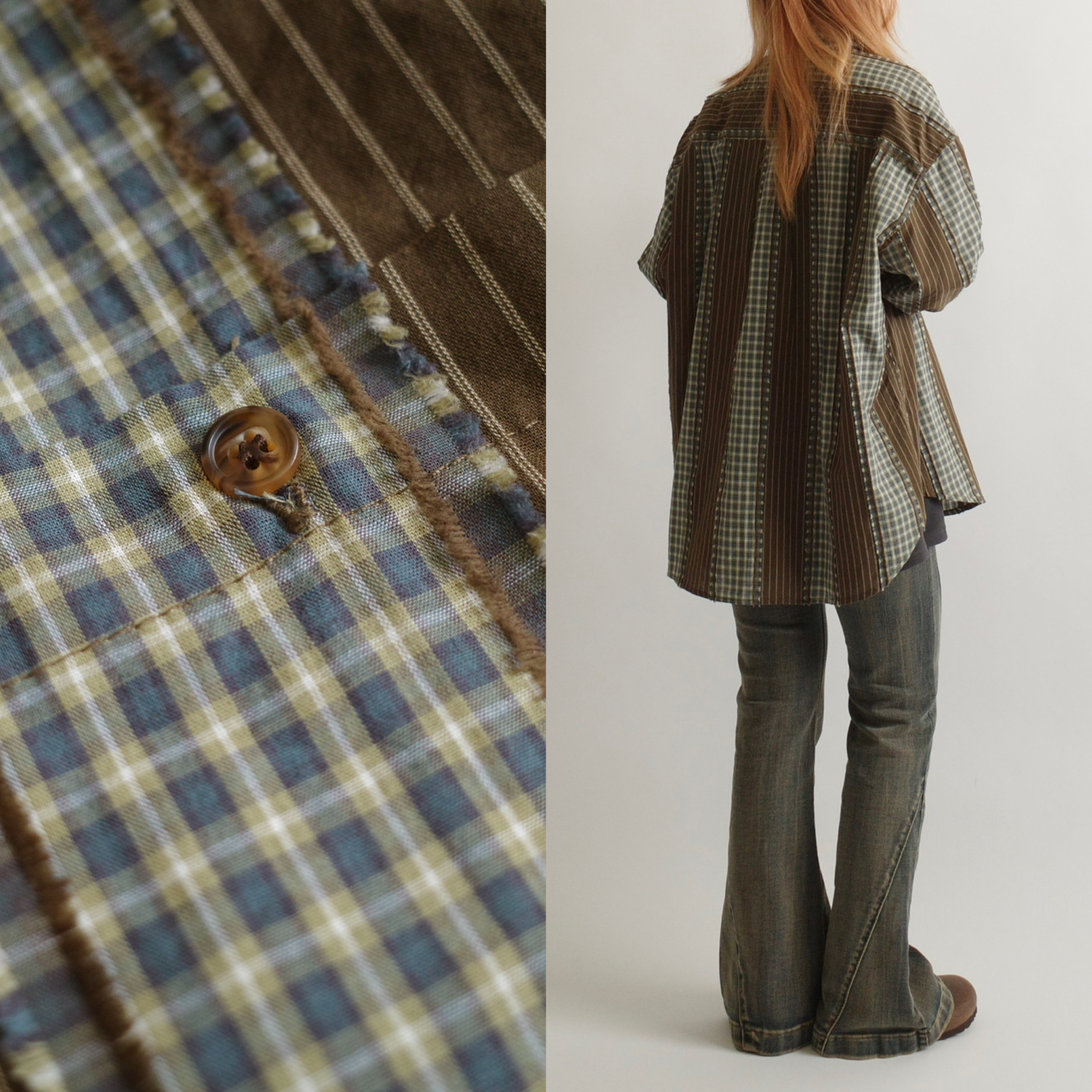 鬚邊拼布咖綠格紋長襯