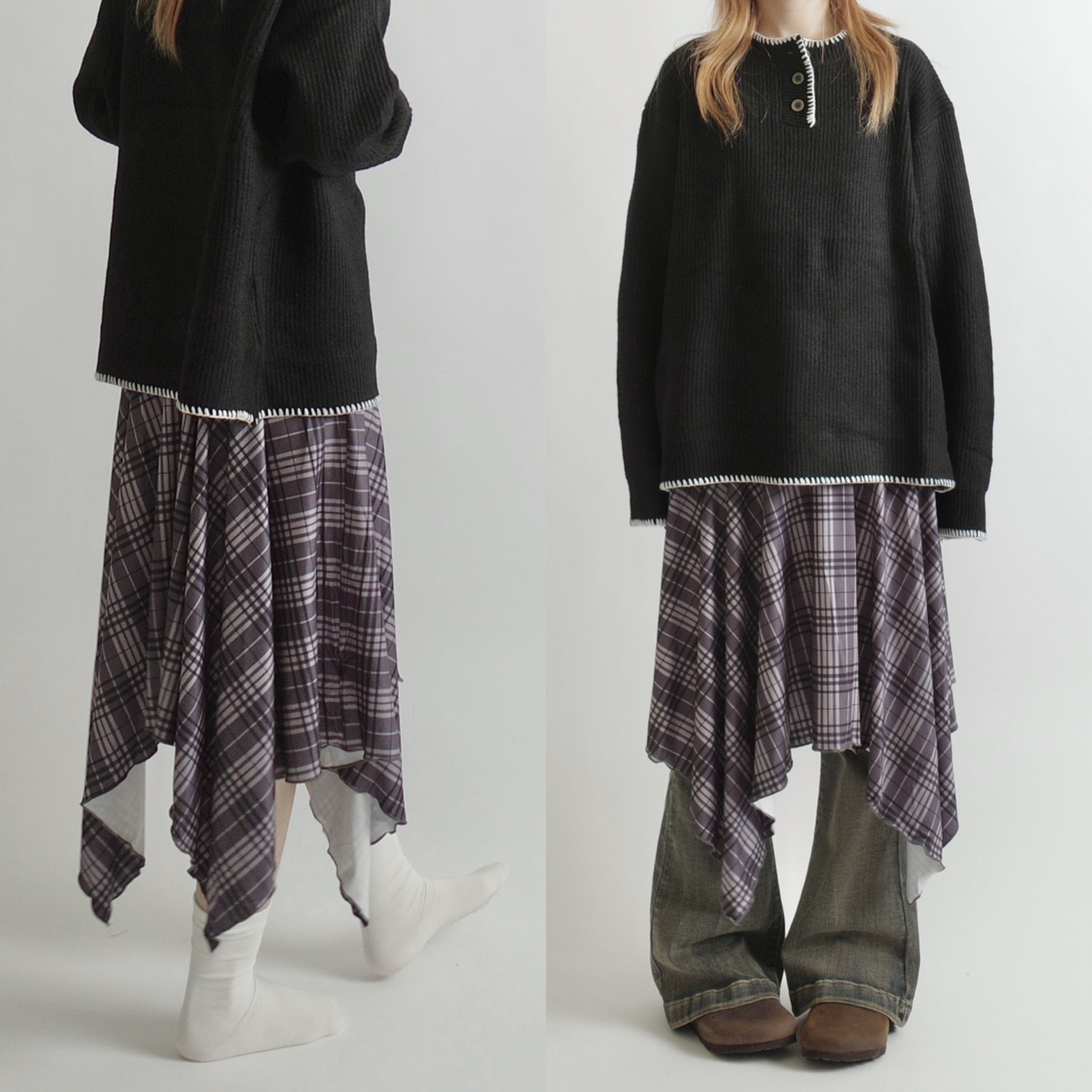 灰黑格紋不規則波浪裙