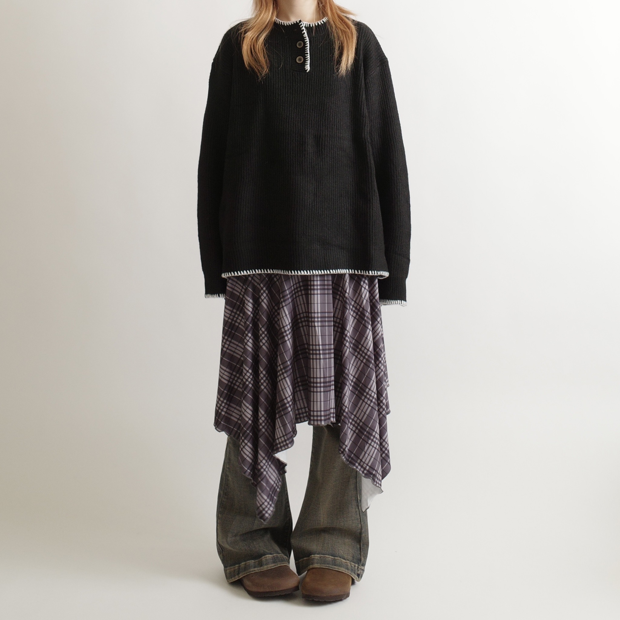 白線邊鈕扣亨利領毛衣1