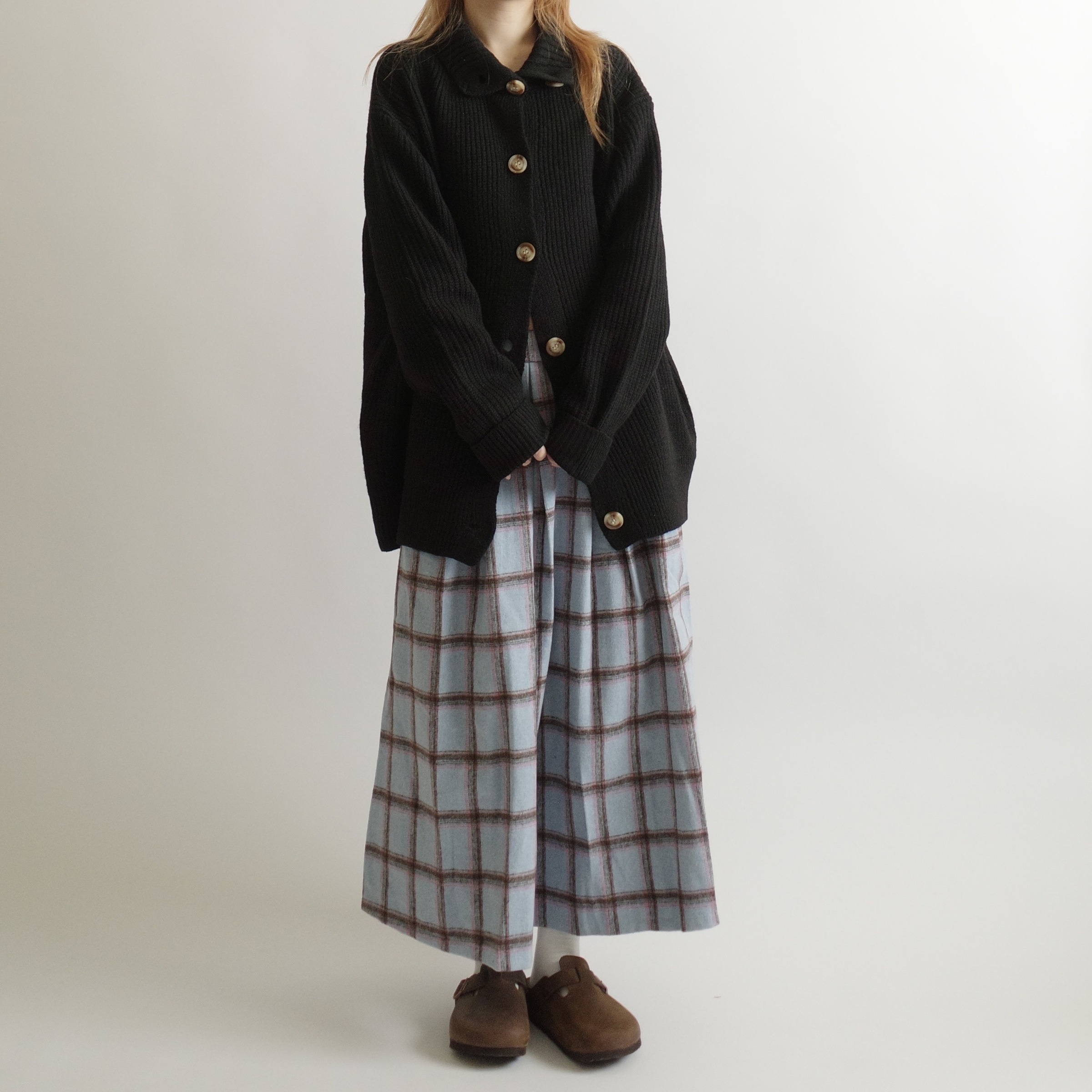 厚絨面藍格紋百褶裙0